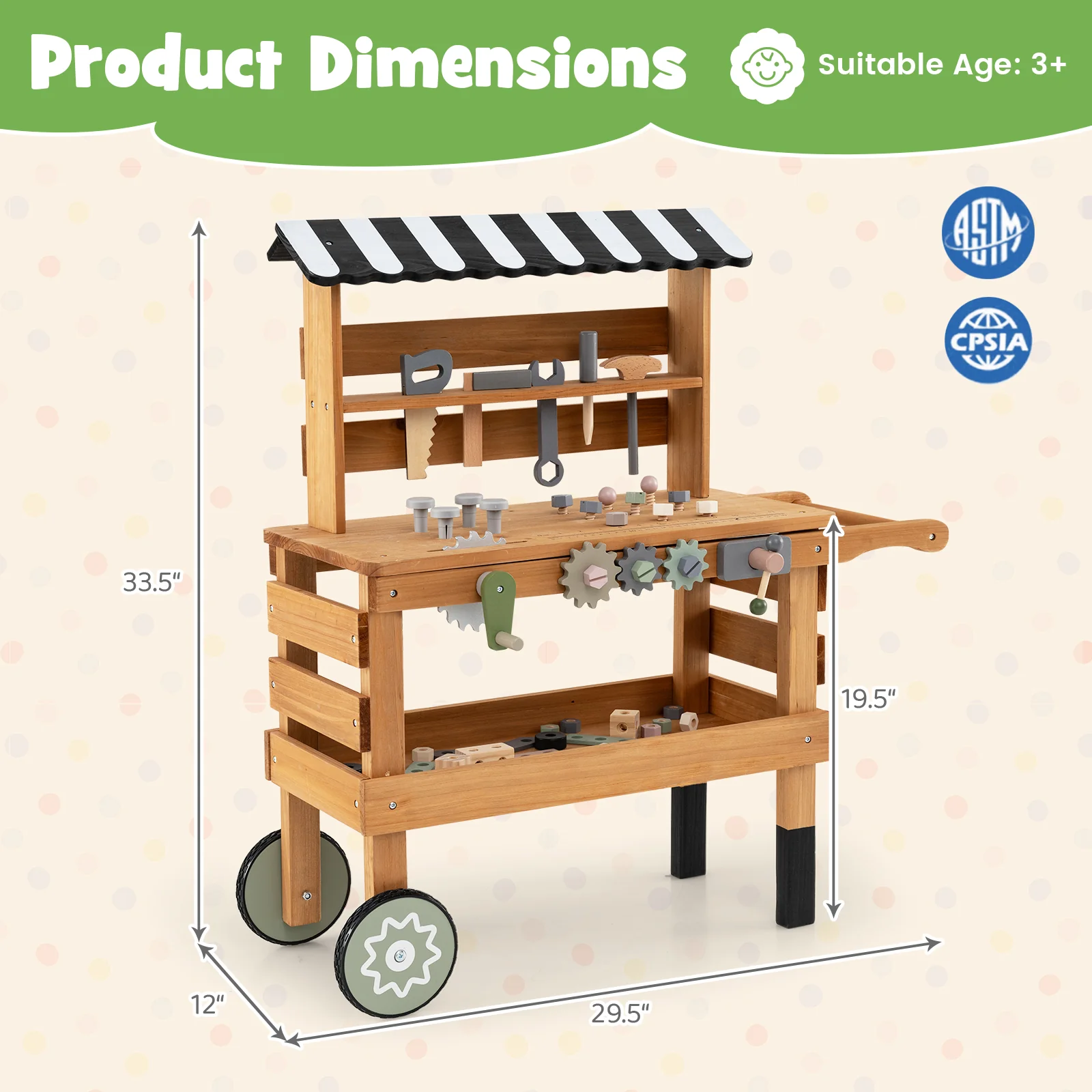 2-in-1 Kids Rolling Cart with Play Tools Set for Construction Play-BN, Brown - Image 6
