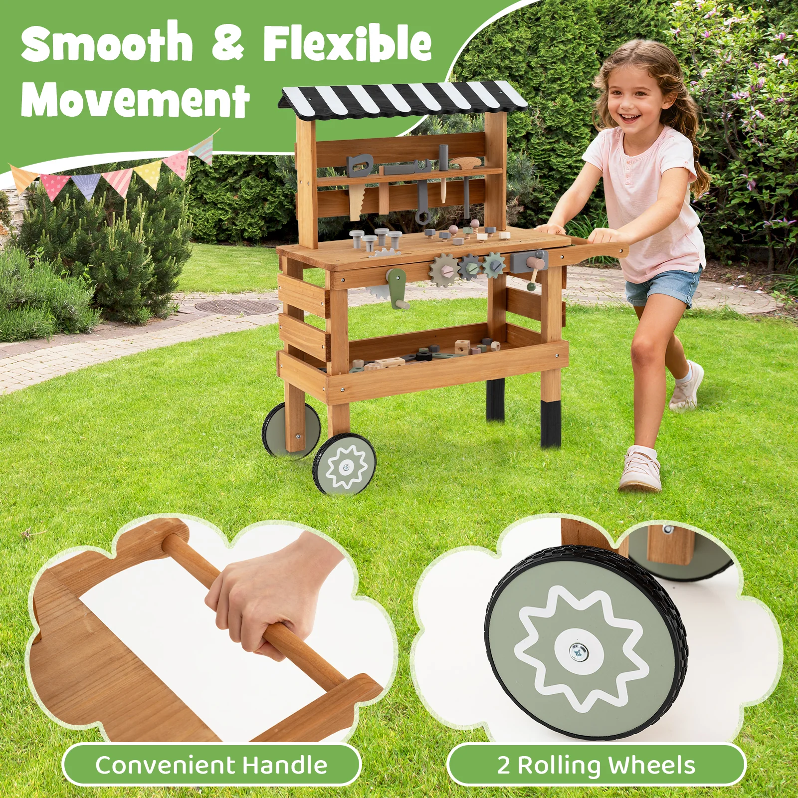 2-in-1 Kids Rolling Cart with Play Tools Set for Construction Play-BN, Brown - Image 9