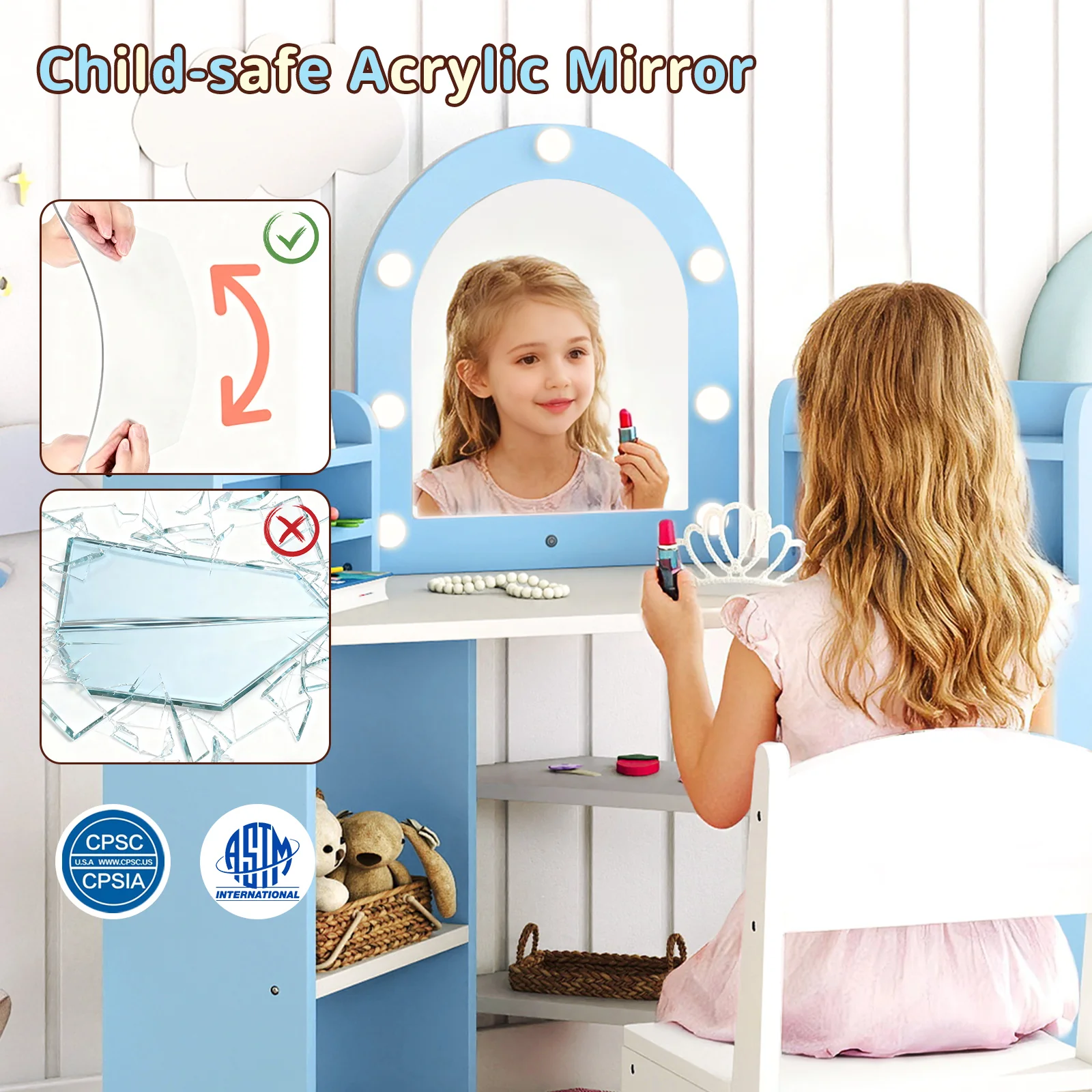 2-In-1 Kids Vanity Set with Lights for Toddlers 3+ Years Old, White - Image 10