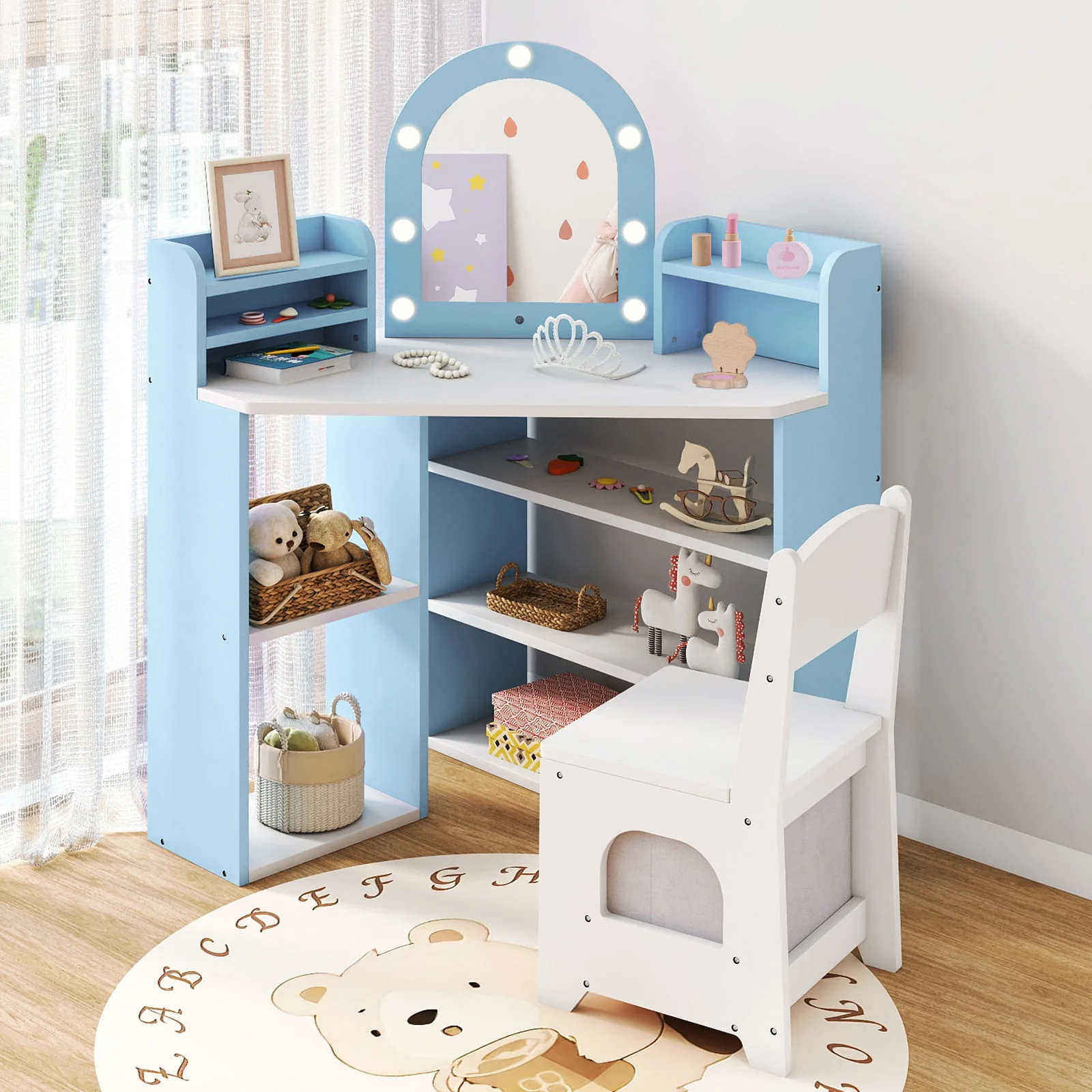 2-In-1 Kids Vanity Set with Lights for Toddlers 3+ Years Old, White - Image 2