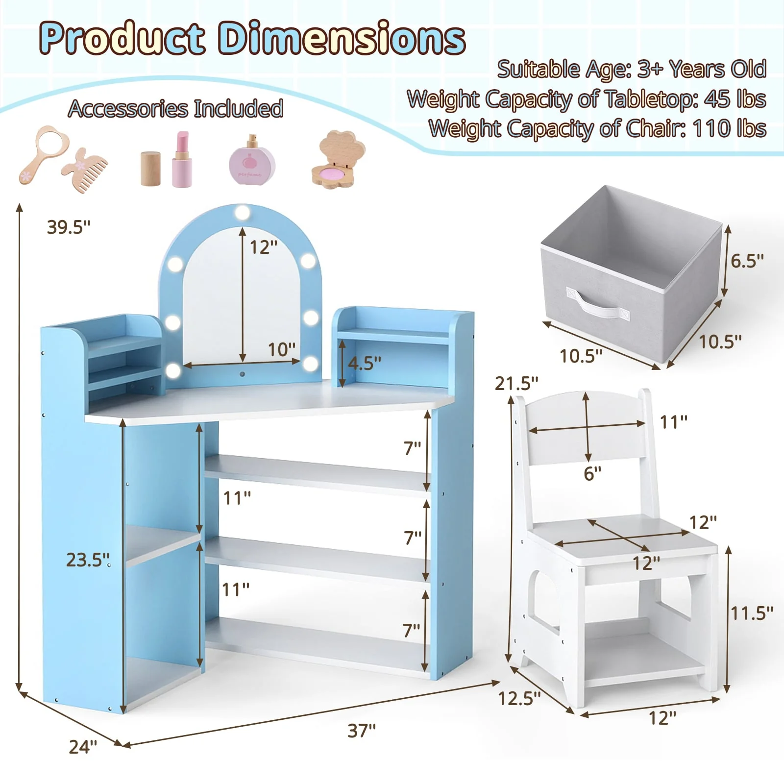 2-In-1 Kids Vanity Set with Lights for Toddlers 3+ Years Old, White - Image 6