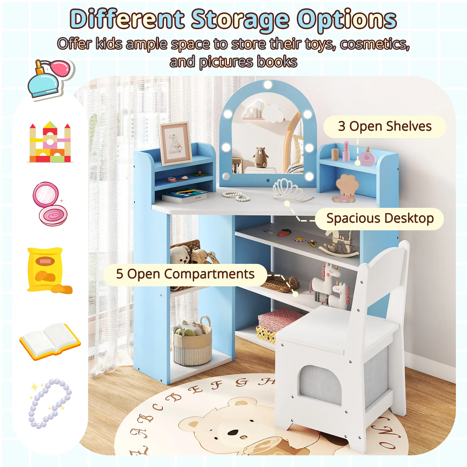 2-In-1 Kids Vanity Set with Lights for Toddlers 3+ Years Old, White - Image 9