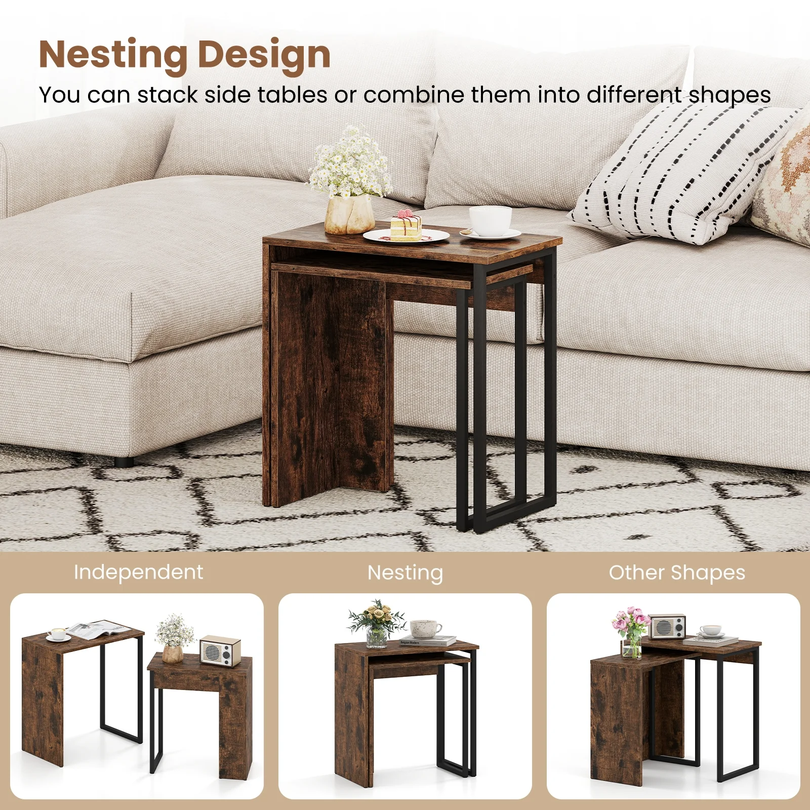 2-in-1 Nesting Coffee Table Set, Brown - Image 10