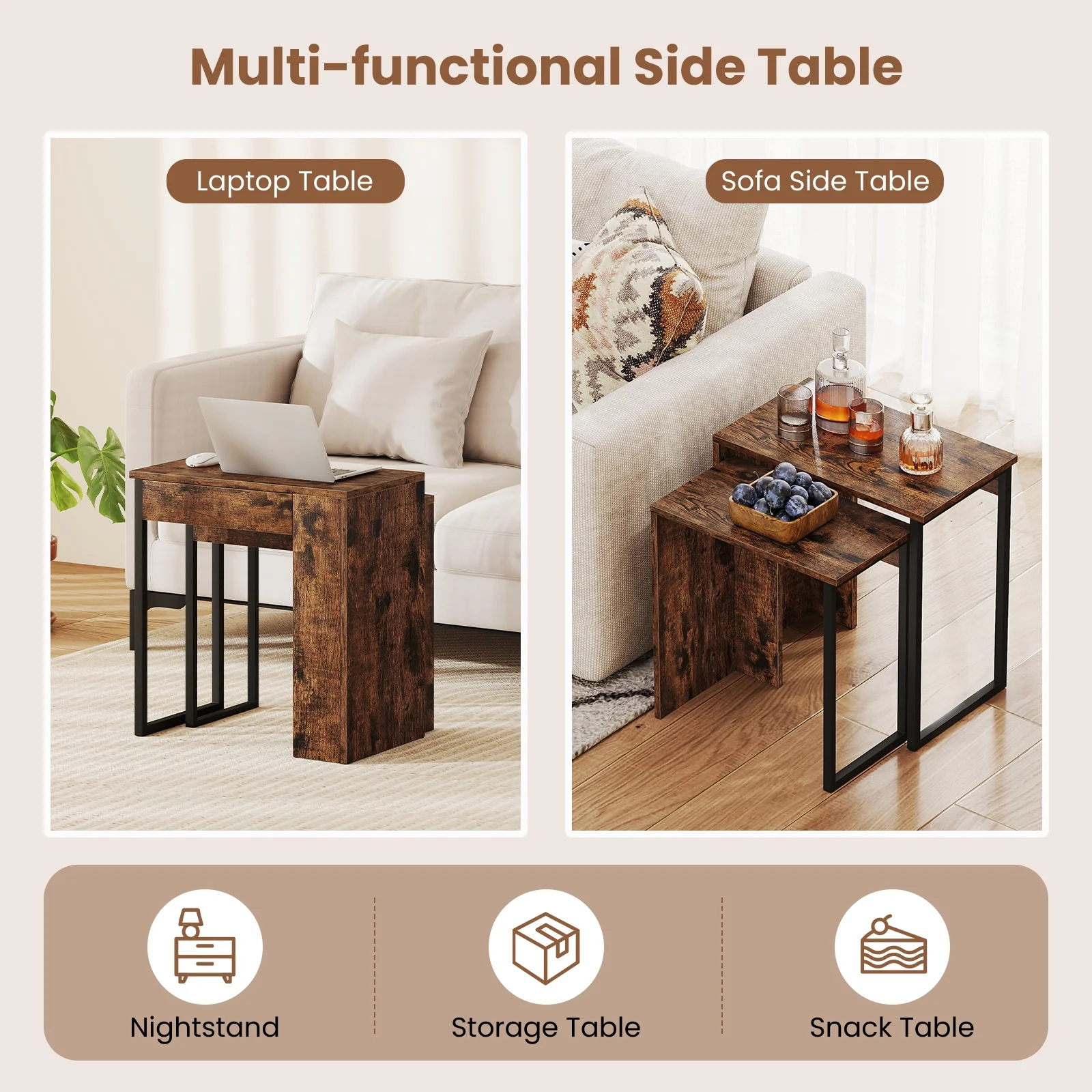 2-in-1 Nesting Coffee Table Set, Brown - Image 9