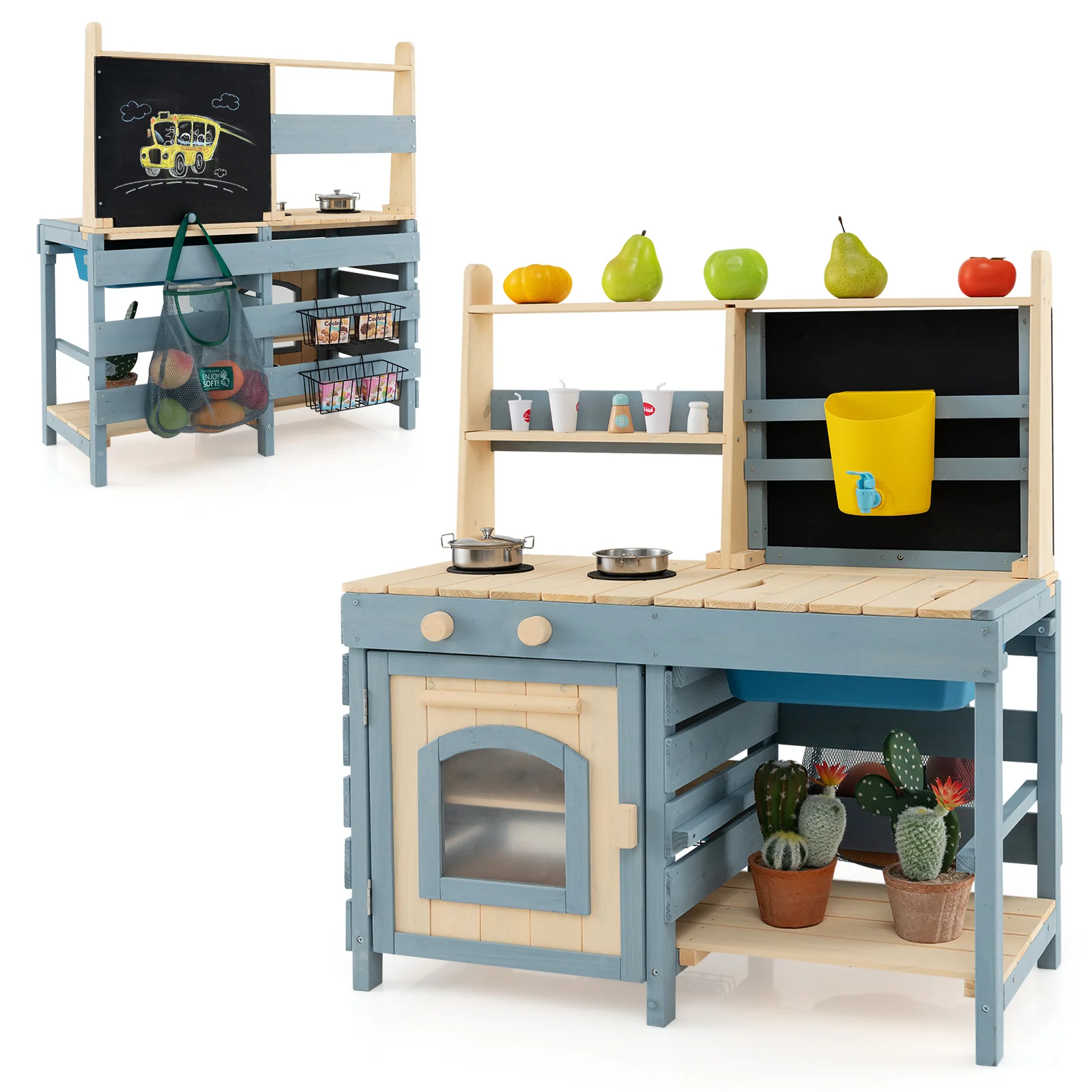 2-In-1 Outdoor Mud Kitchen with Faucet and Extra Chalkboard, Natural