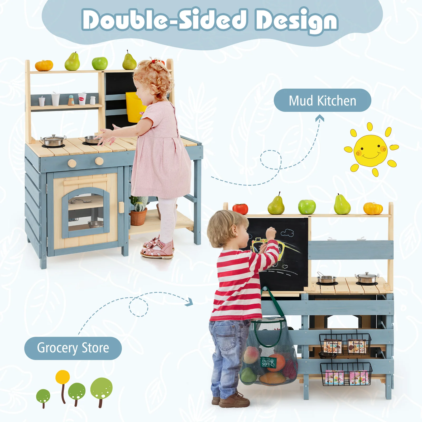 2-In-1 Outdoor Mud Kitchen with Faucet and Extra Chalkboard, Natural - Image 4