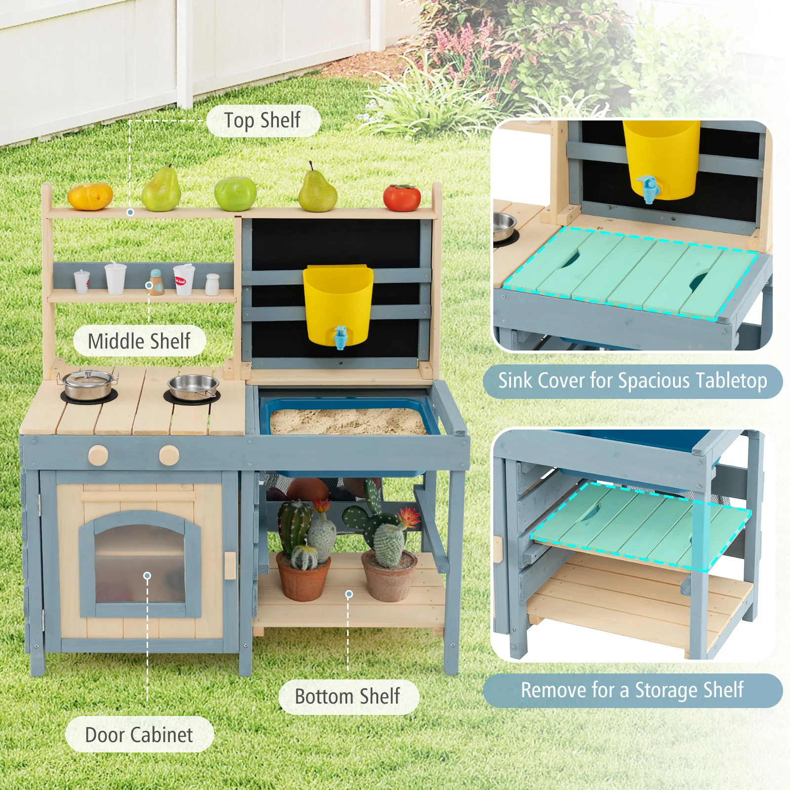 2-In-1 Outdoor Mud Kitchen with Faucet and Extra Chalkboard, Natural - Image 5