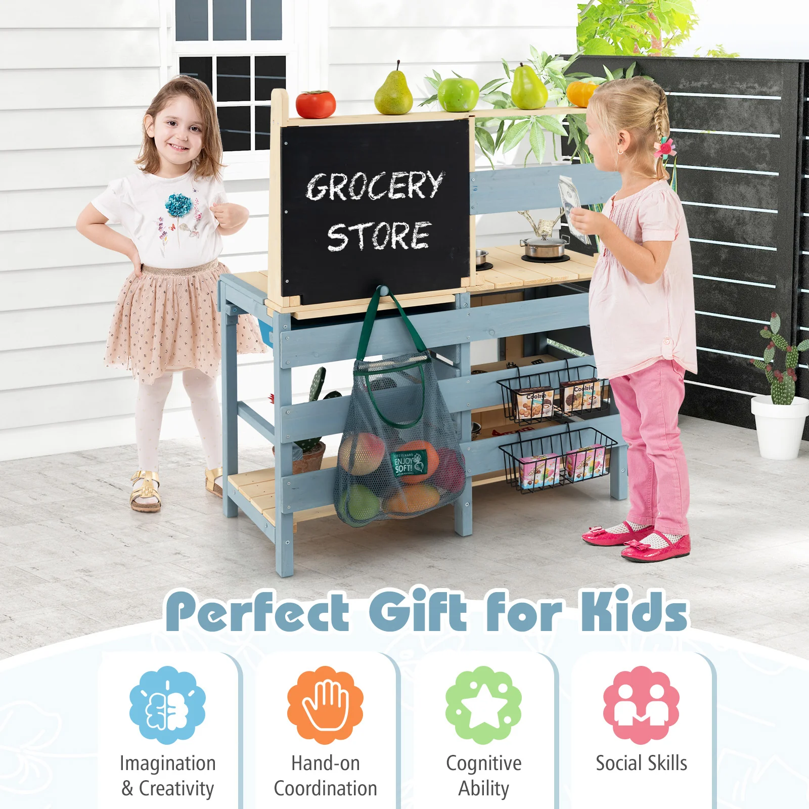 2-In-1 Outdoor Mud Kitchen with Faucet and Extra Chalkboard, Natural - Image 7