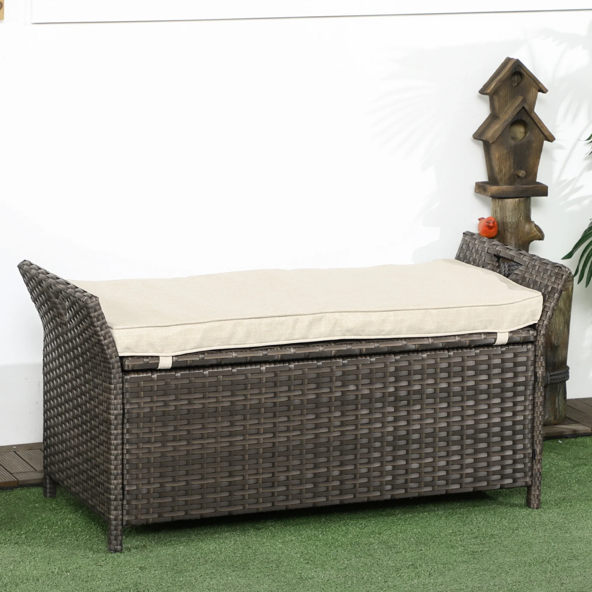 2-In-1 Outdoor PE Rattan Storage Bench, 29 Gallon, Cream - Image 2