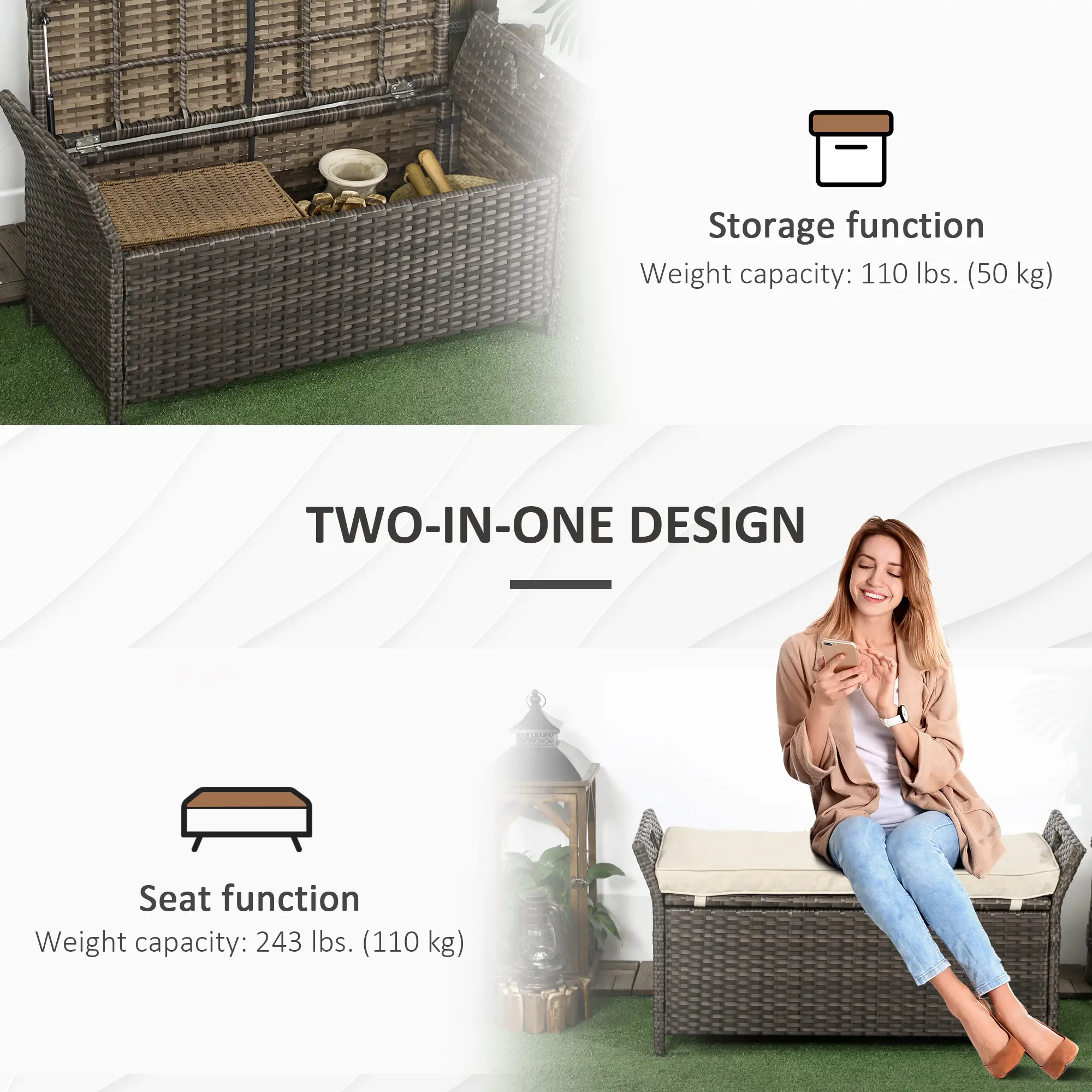 2-In-1 Outdoor PE Rattan Storage Bench, 29 Gallon, Cream - Image 6