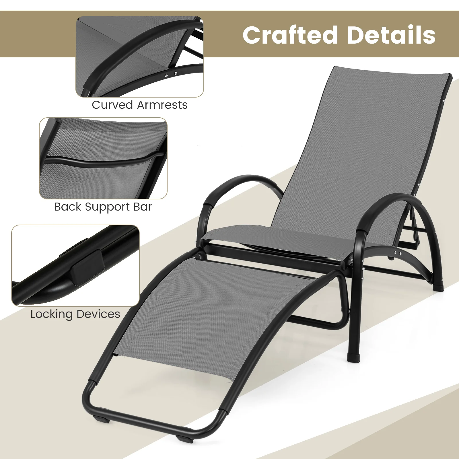 2-In-1 Outdoor Rocking Chair, 4-Position Adjustable Backrest, Gray - Image 6