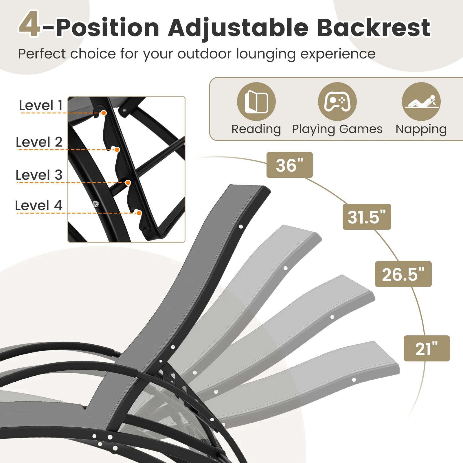 2-In-1 Outdoor Rocking Chair, 4-Position Adjustable Backrest, Gray - Image 8
