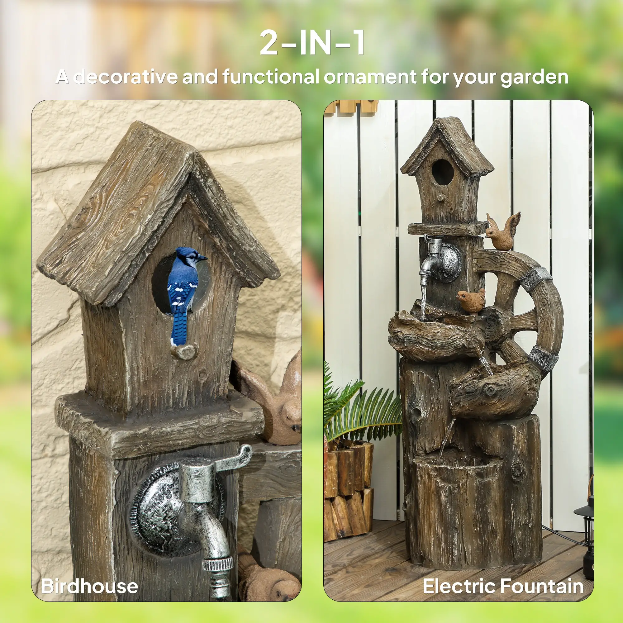 2-in-1 Outdoor Water Fountain With Birdhouse, 13.6" L x 11.6" W x 36.2" H, Mixed Colour - Image 4