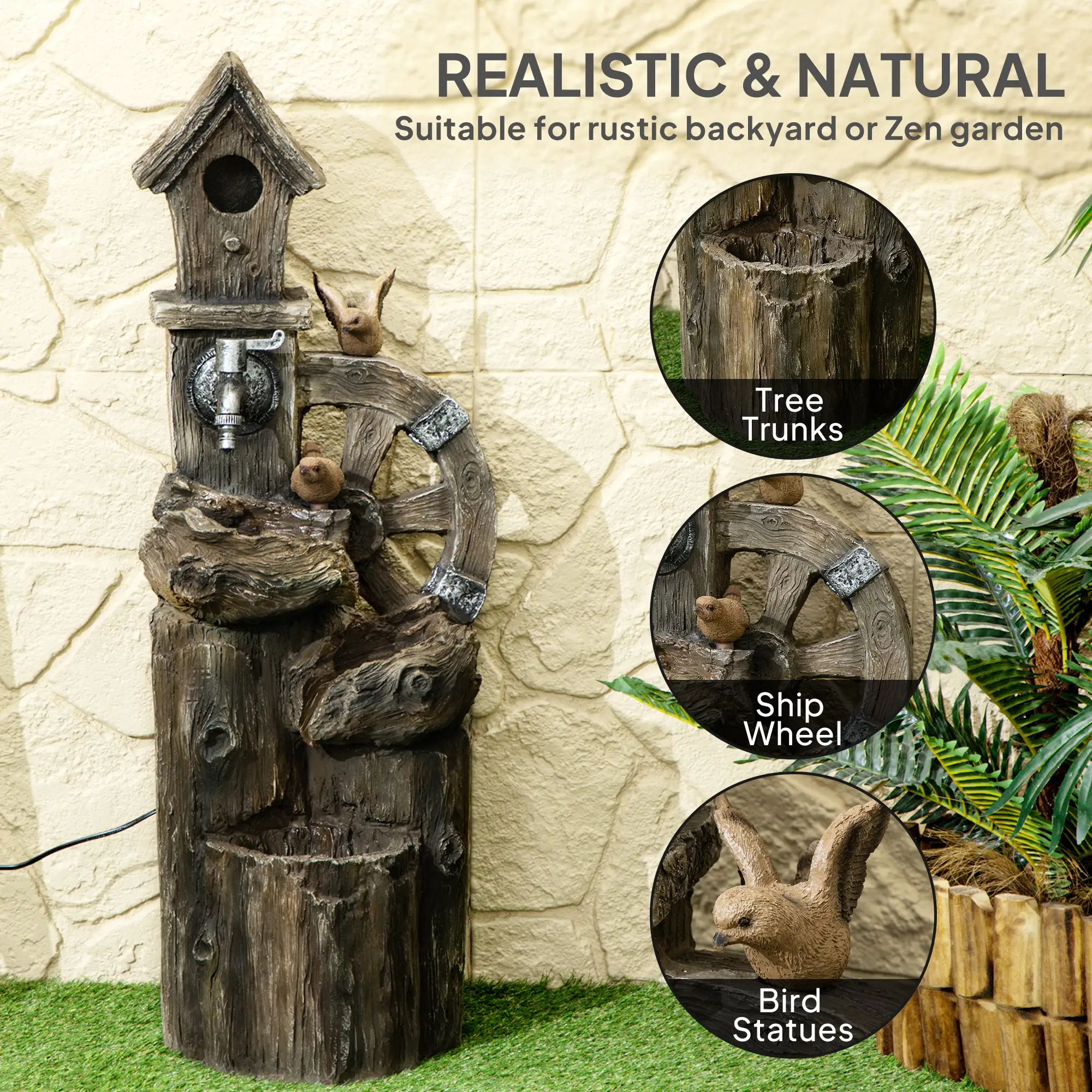 2-in-1 Outdoor Water Fountain With Birdhouse, 13.6" L x 11.6" W x 36.2" H, Mixed Colour - Image 7