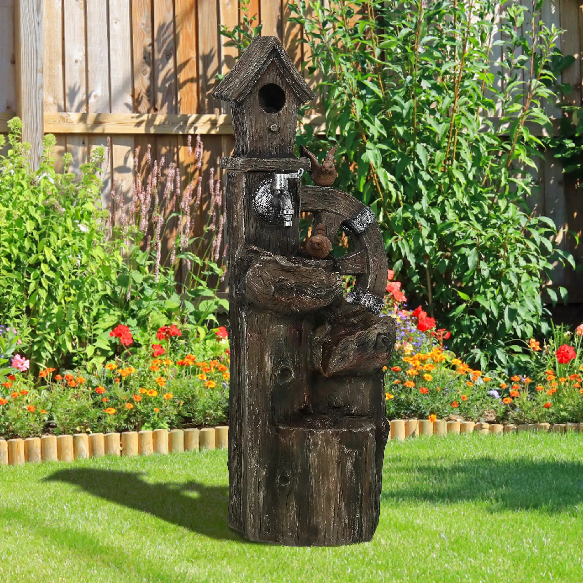 2-in-1 Outdoor Water Fountain With Birdhouse, 13.6" L x 11.6" W x 36.2" H, Mixed Colour - Image 9