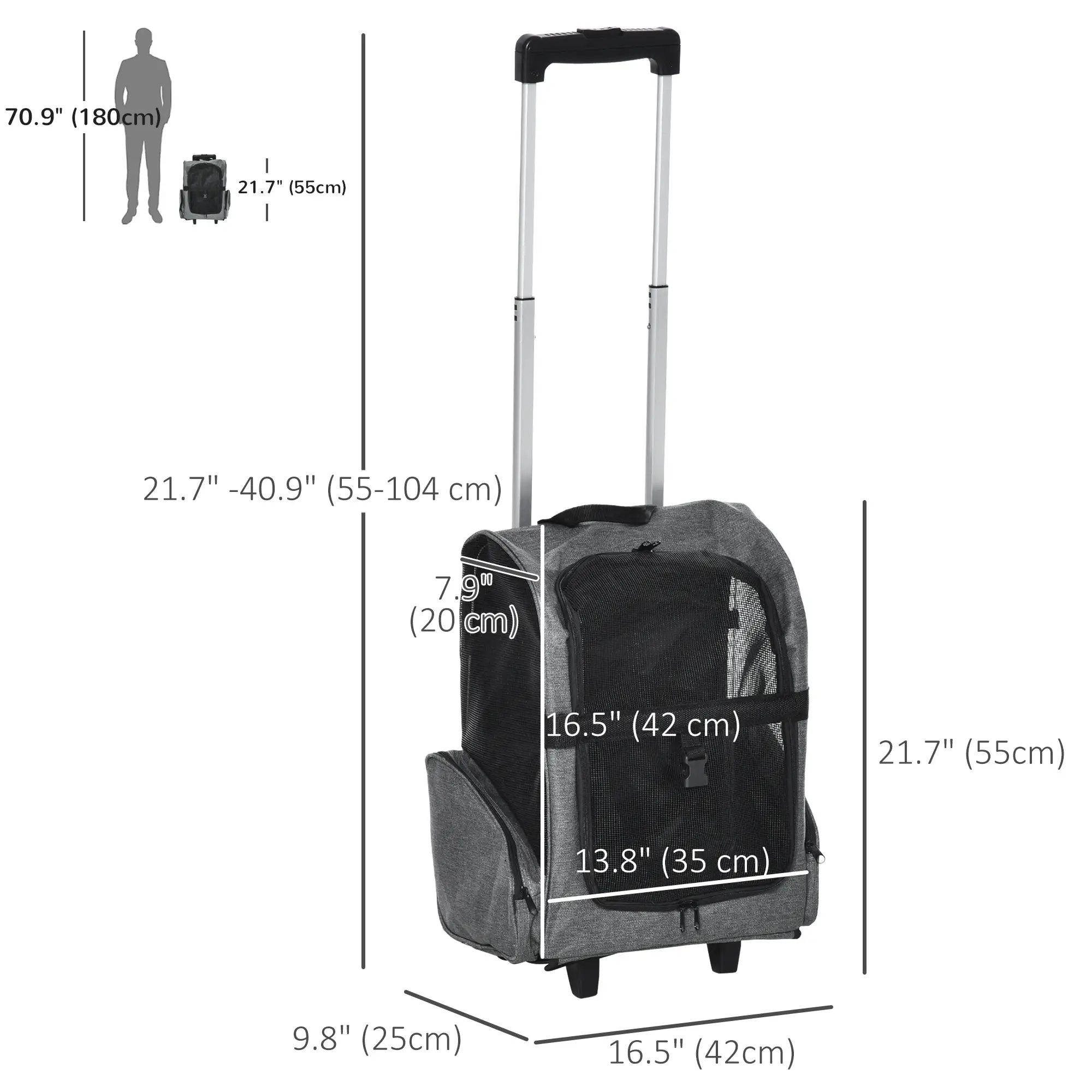 2-in-1 Pet Carrier Backpack, Rolling Wheel, Grey - Image 3