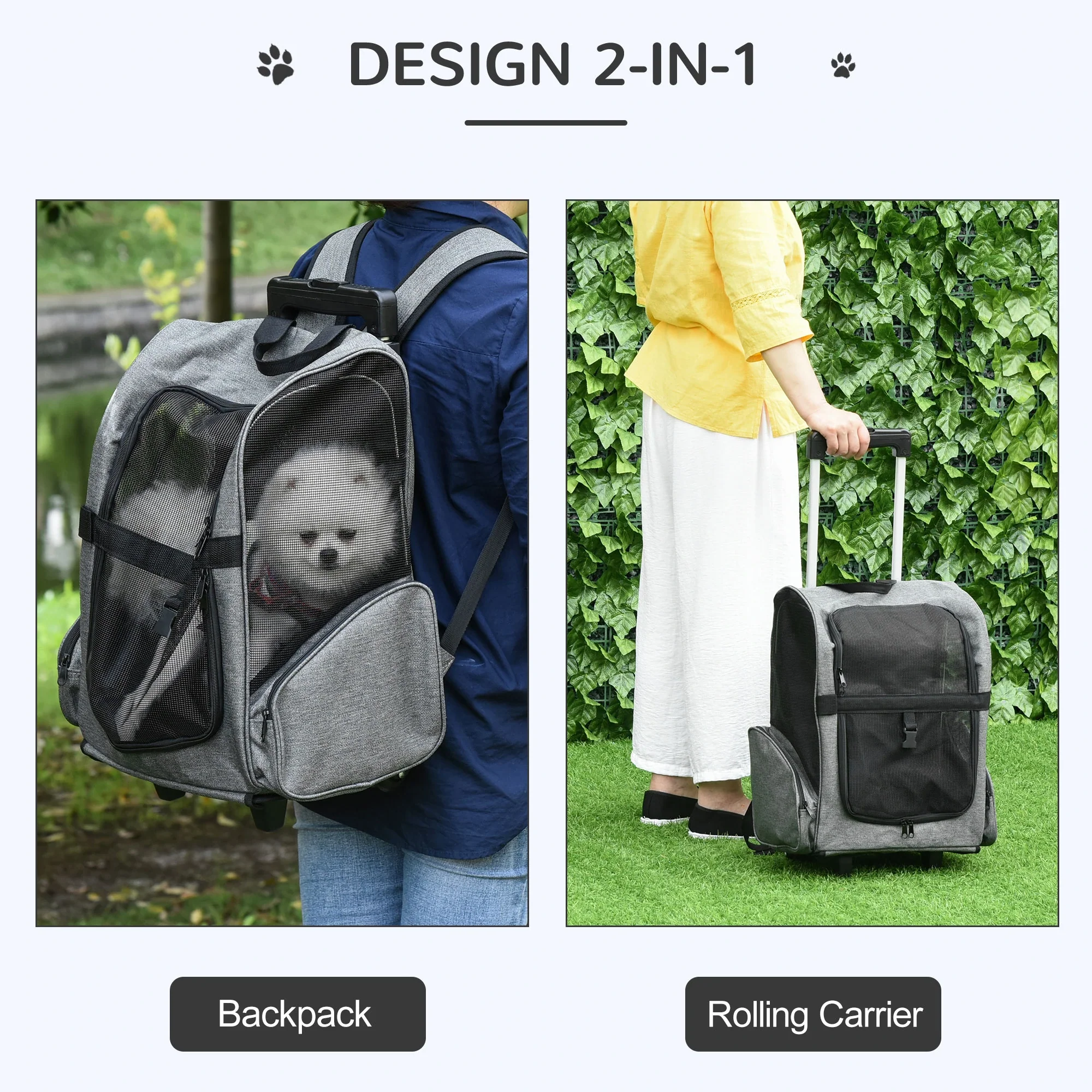 2-in-1 Pet Carrier Backpack, Rolling Wheel, Grey - Image 4