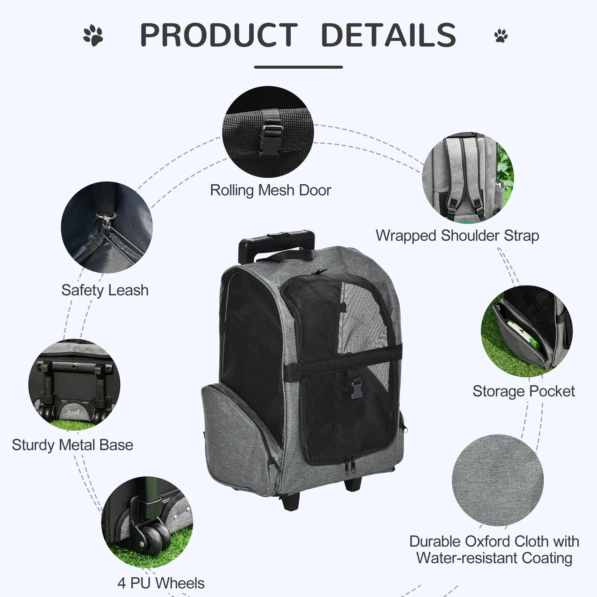 2-in-1 Pet Carrier Backpack, Rolling Wheel, Grey - Image 6