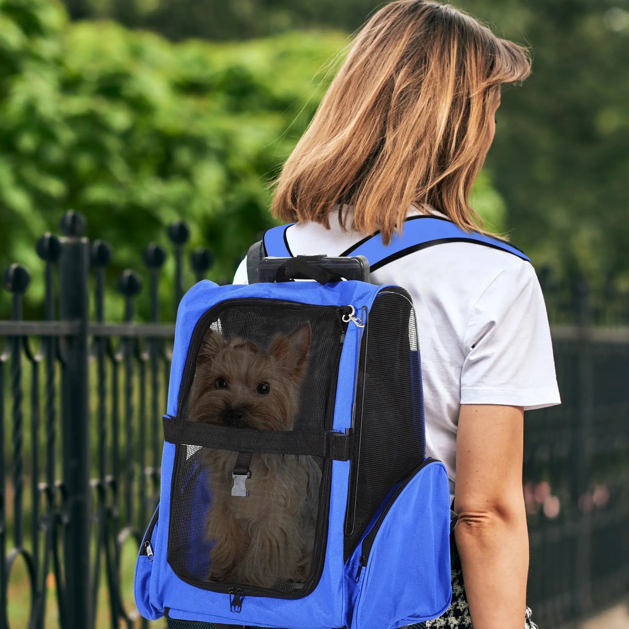2-in-1 Pet Luggage Box Backpack Carrier, Rolling Wheel, Blue - Image 8