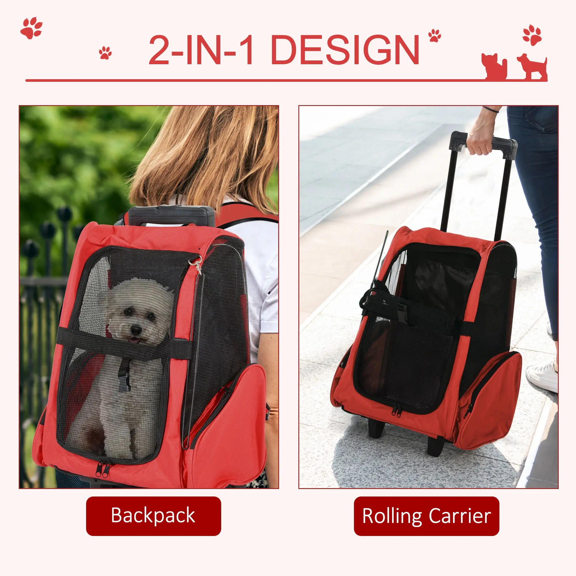2-in-1 Pet Luggage Box Backpack Carrier, Rolling Wheel, Red - Image 4