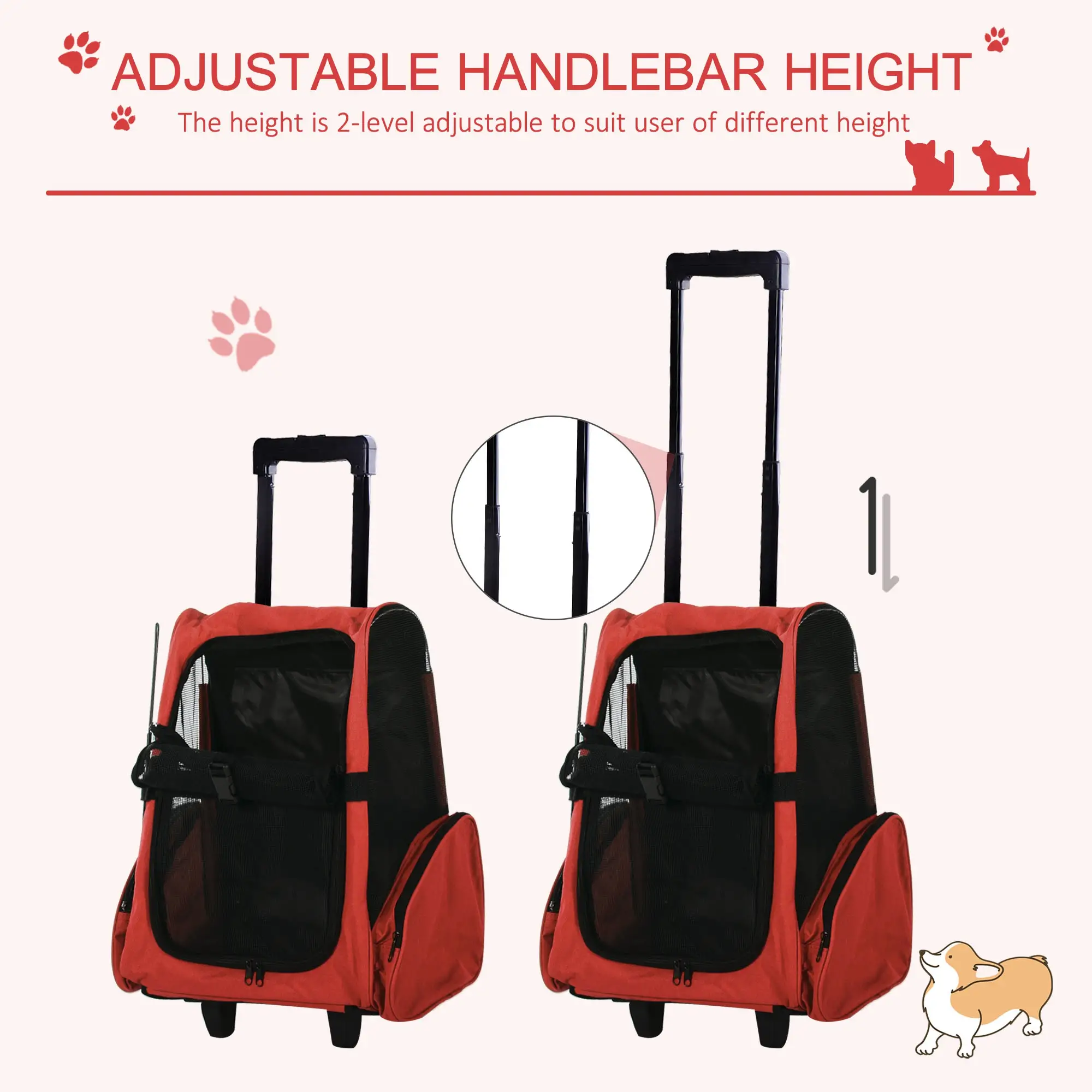 2-in-1 Pet Luggage Box Backpack Carrier, Rolling Wheel, Red - Image 5