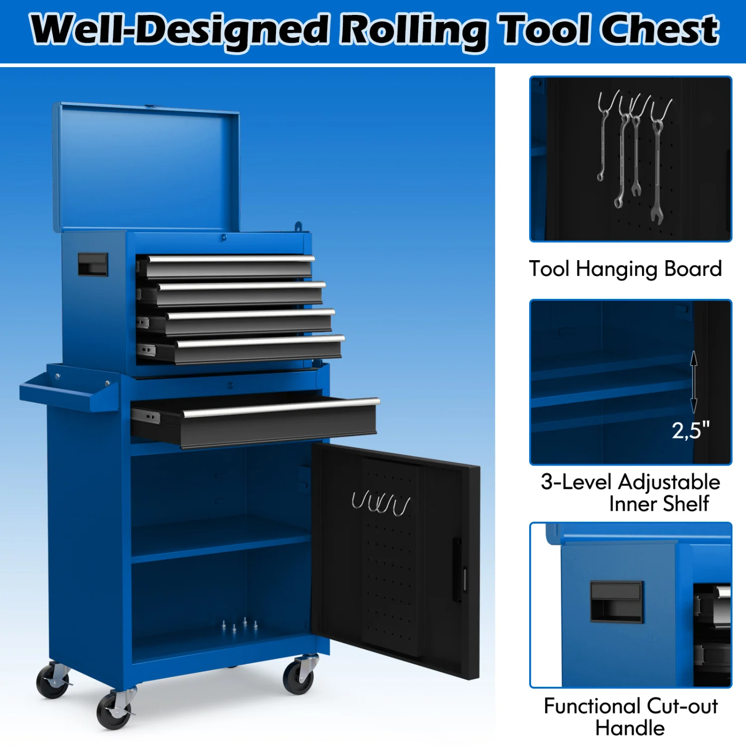 2-In-1 Rolling Tool Chest, 5 Sliding Lockable Drawers, Navy - Image 10