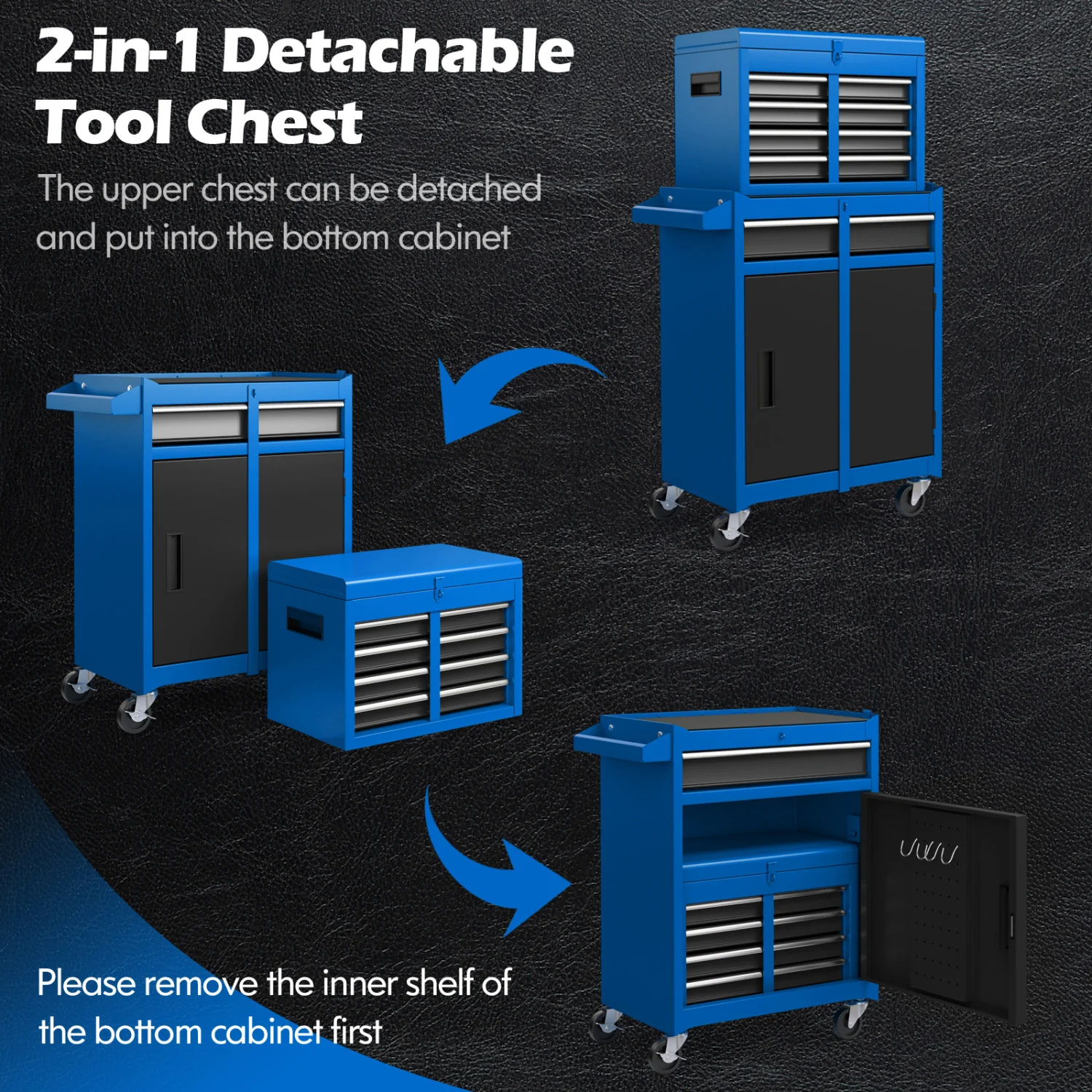 2-In-1 Rolling Tool Chest, 5 Sliding Lockable Drawers, Navy - Image 7