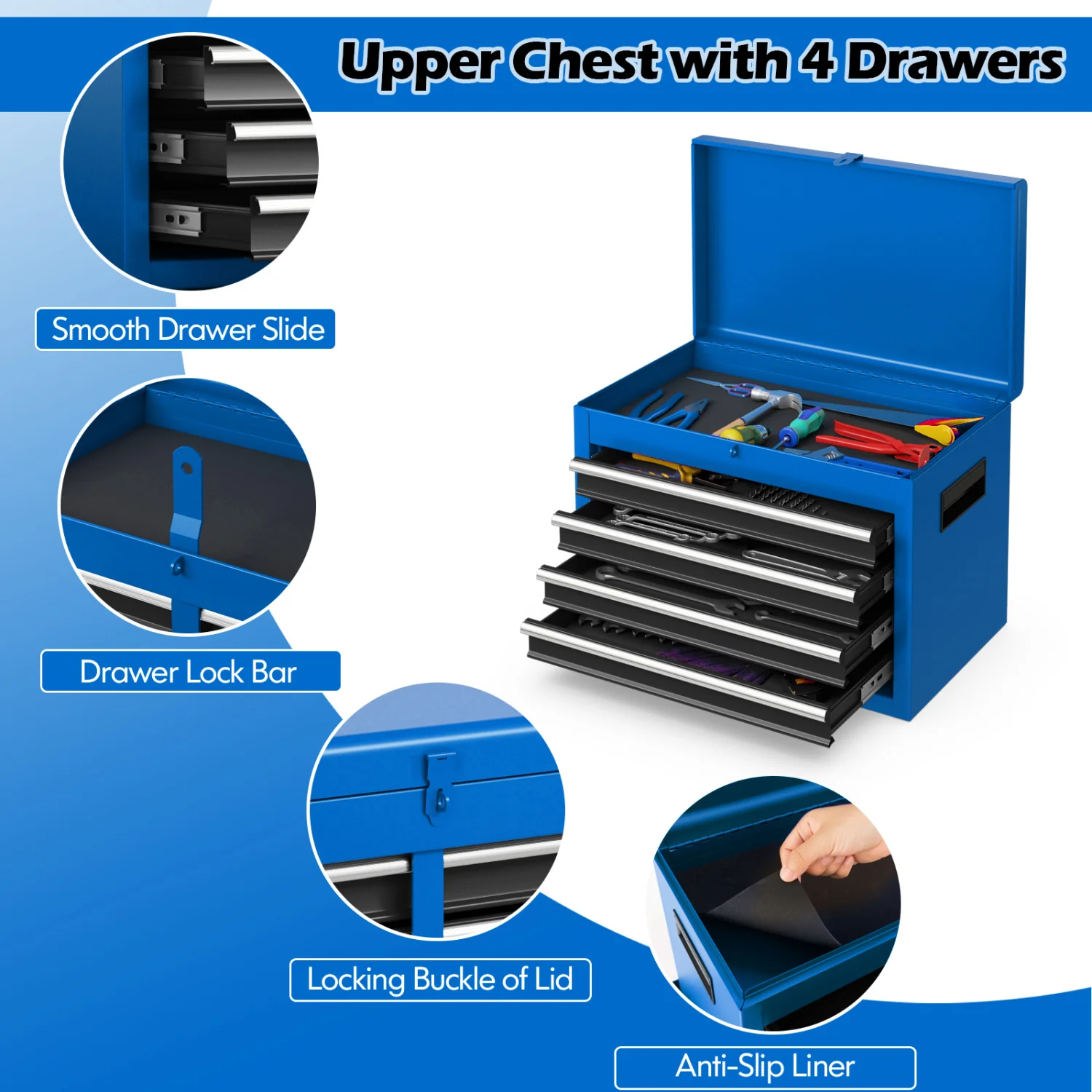 2-In-1 Rolling Tool Chest, 5 Sliding Lockable Drawers, Navy - Image 9