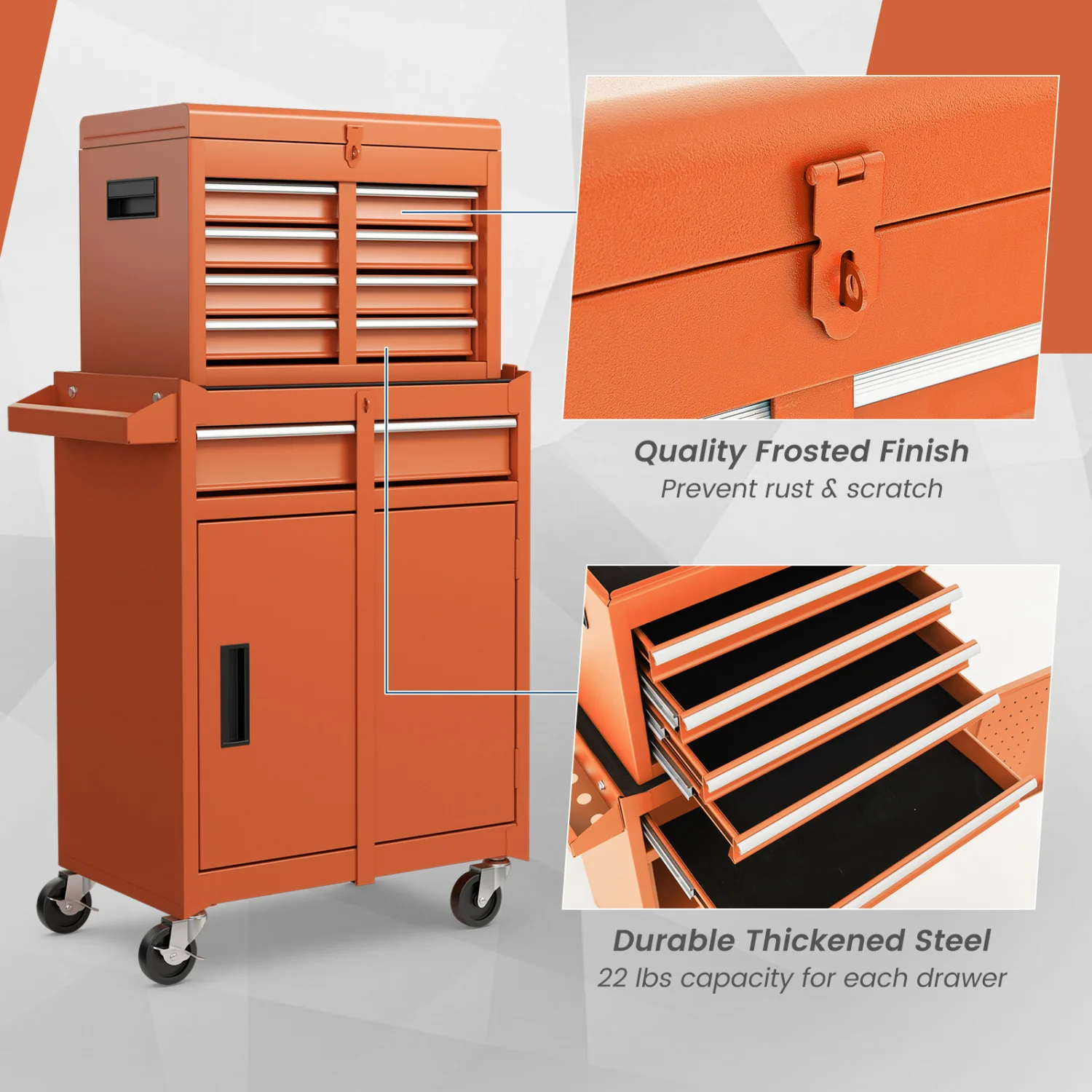 2-In-1 Rolling Tool Chest, 5 Sliding Lockable Drawers, Orange - Image 10