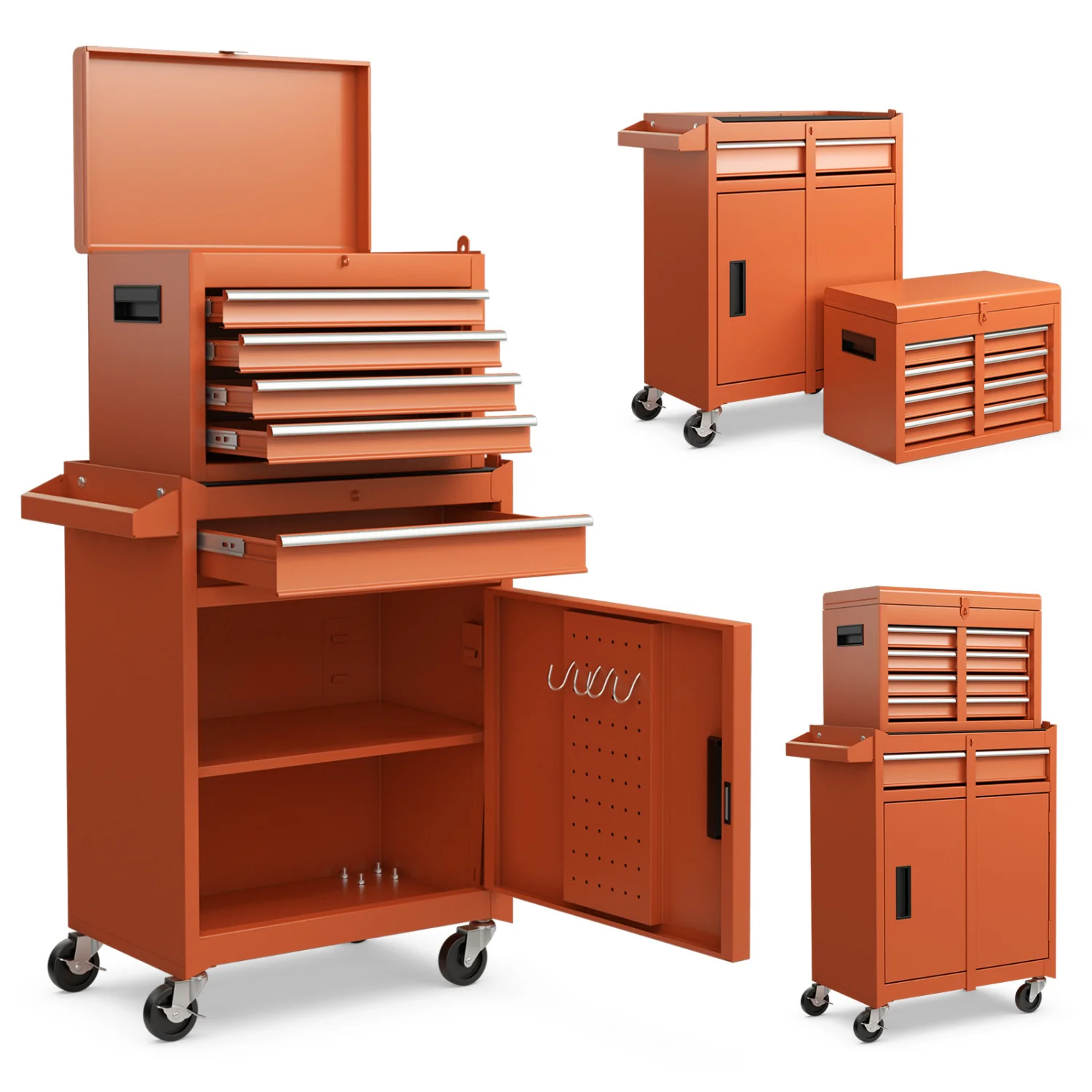 2-In-1 Rolling Tool Chest, 5 Sliding Lockable Drawers, Orange - Image 4