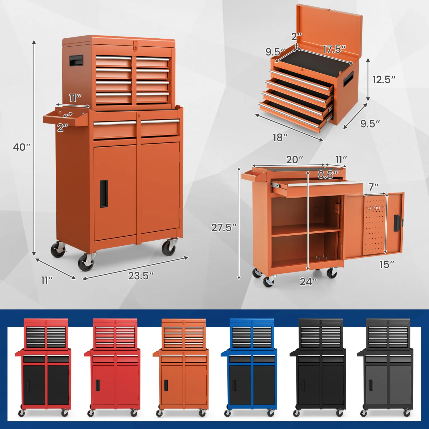 2-In-1 Rolling Tool Chest, 5 Sliding Lockable Drawers, Orange - Image 6