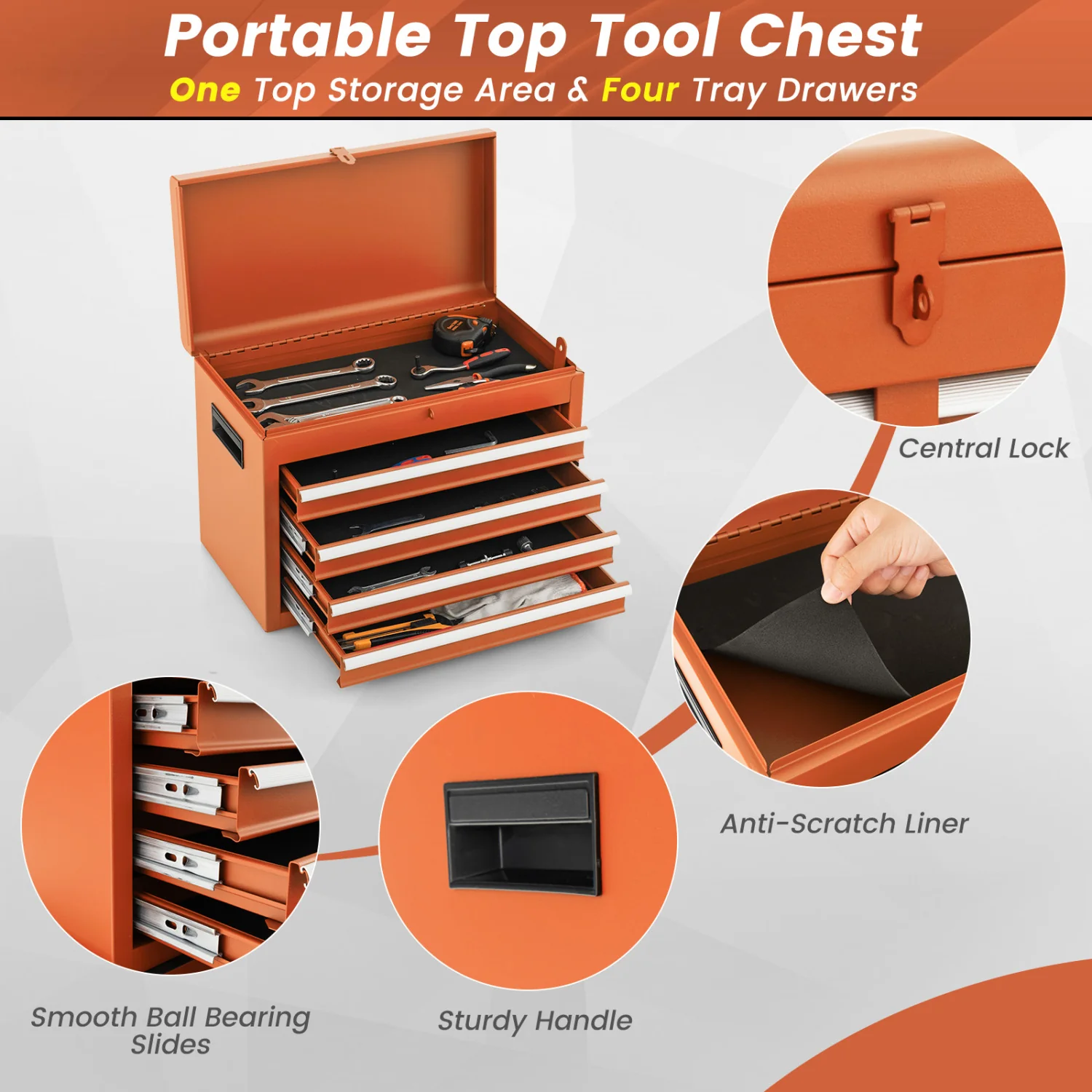 2-In-1 Rolling Tool Chest, 5 Sliding Lockable Drawers, Orange - Image 7