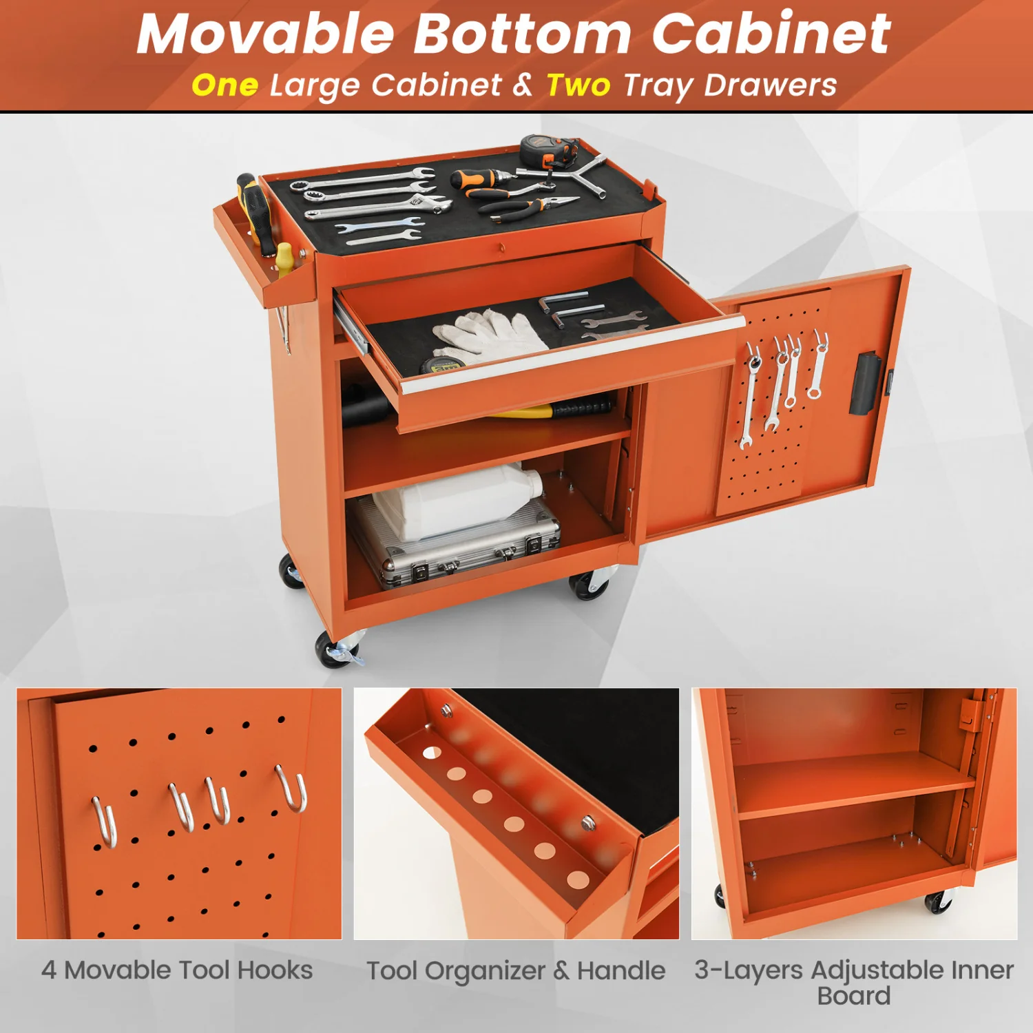 2-In-1 Rolling Tool Chest, 5 Sliding Lockable Drawers, Orange - Image 8