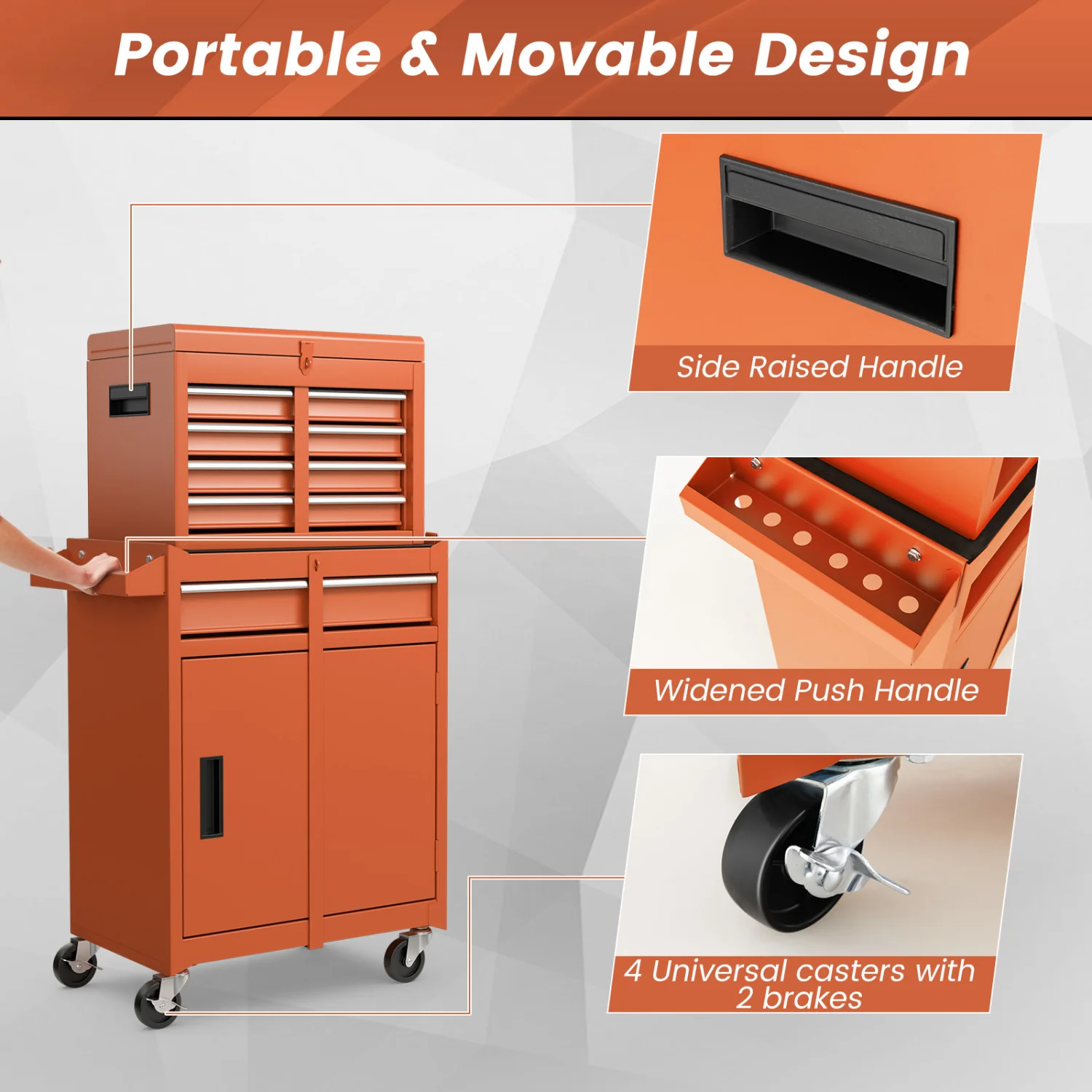 2-In-1 Rolling Tool Chest, 5 Sliding Lockable Drawers, Orange - Image 9