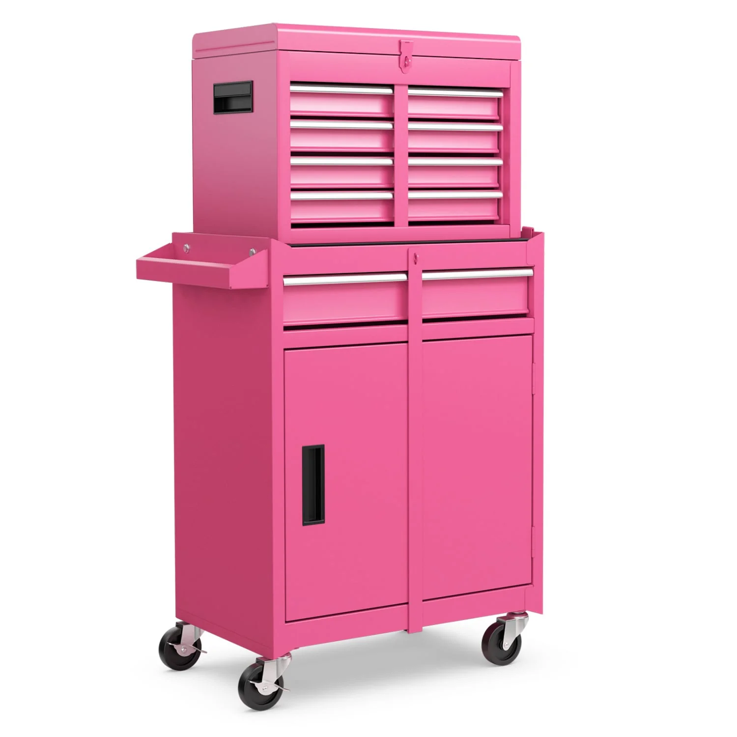 2-in-1 Rolling Tool Chest, 5 Sliding Lockable Drawers, Pink