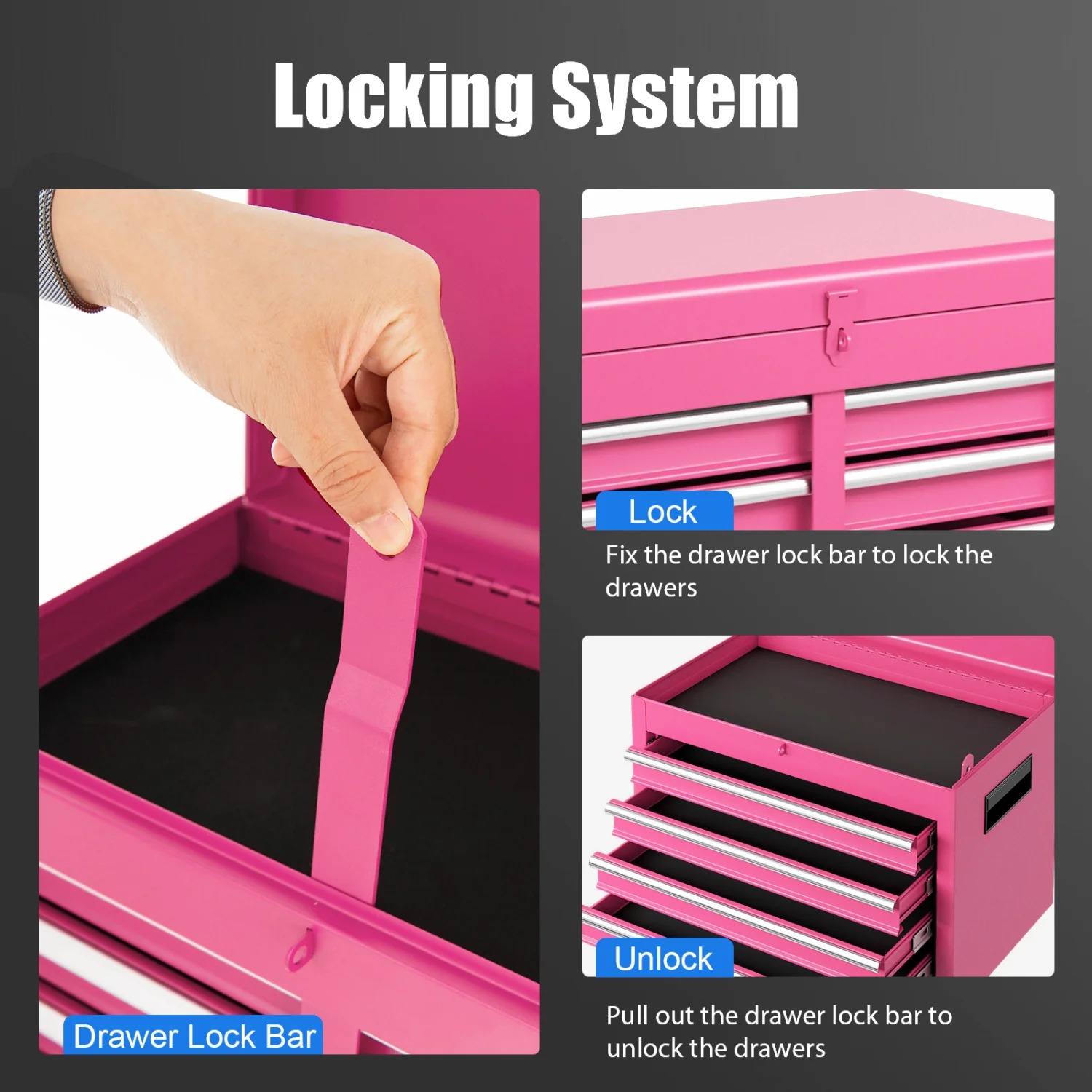 2-in-1 Rolling Tool Chest, 5 Sliding Lockable Drawers, Pink - Image 10