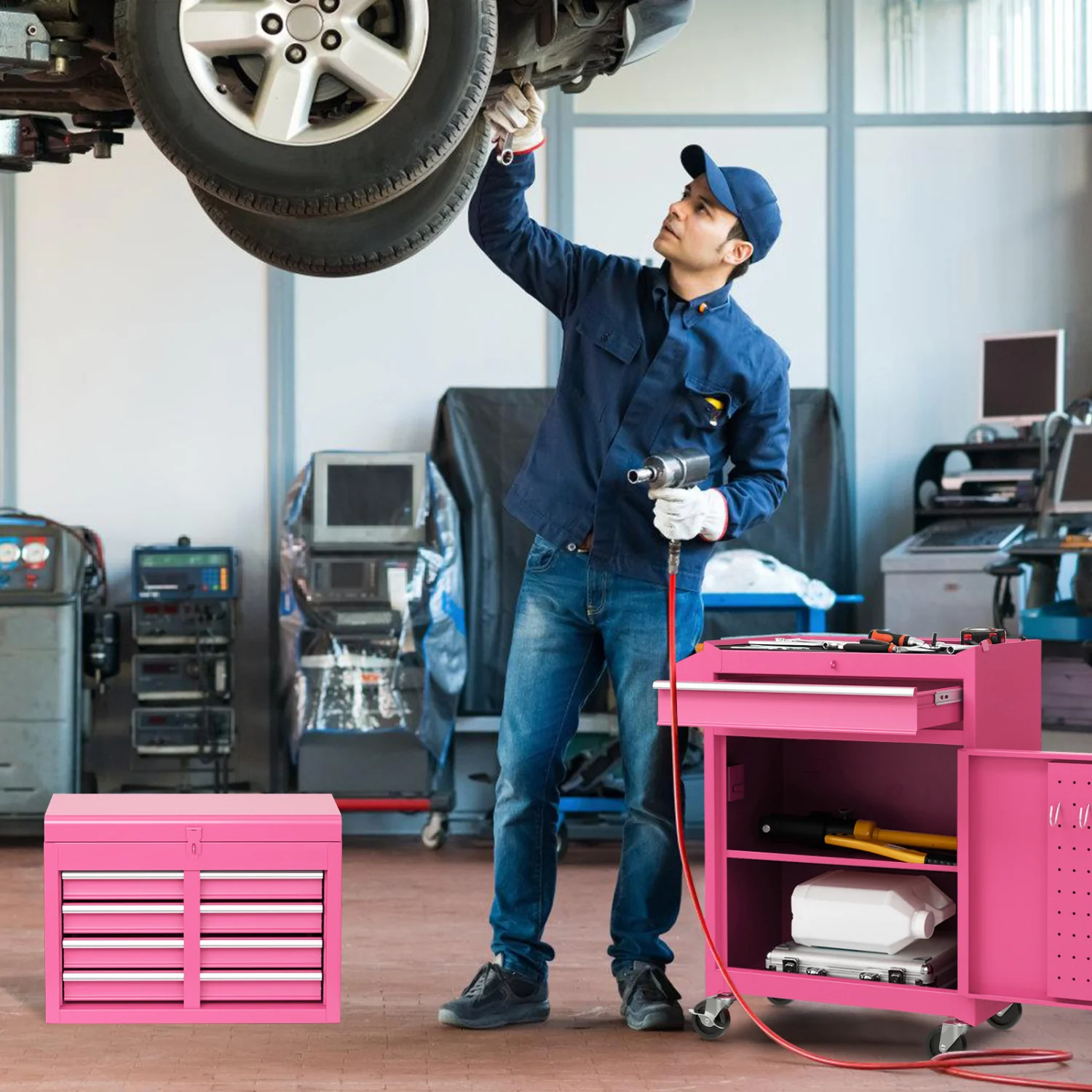 2-in-1 Rolling Tool Chest, 5 Sliding Lockable Drawers, Pink - Image 2