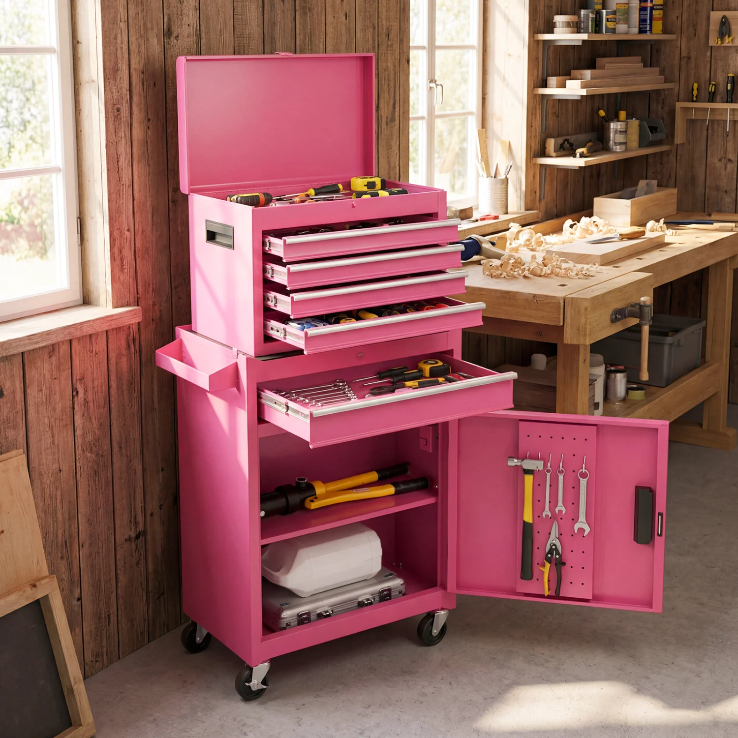 2-in-1 Rolling Tool Chest, 5 Sliding Lockable Drawers, Pink - Image 3