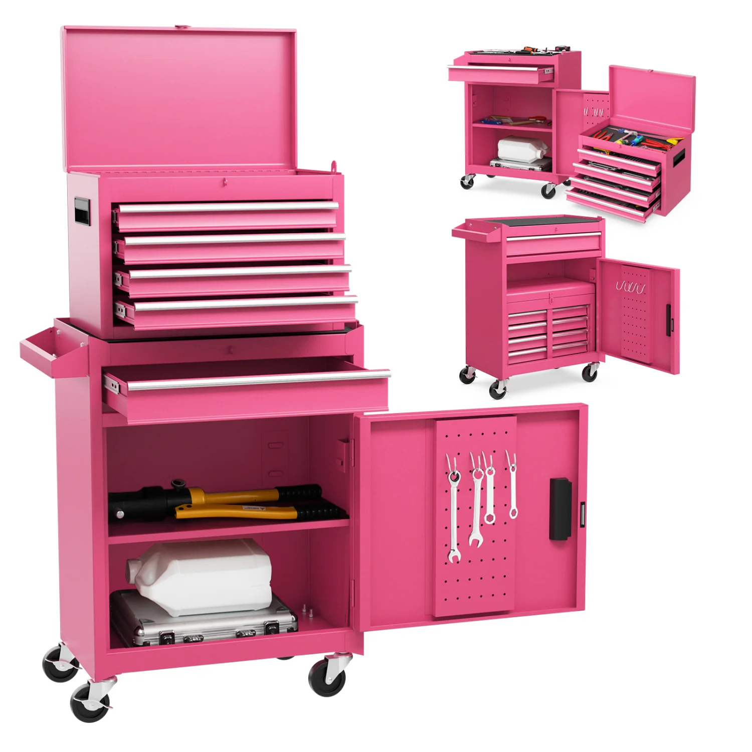 2-in-1 Rolling Tool Chest, 5 Sliding Lockable Drawers, Pink - Image 5