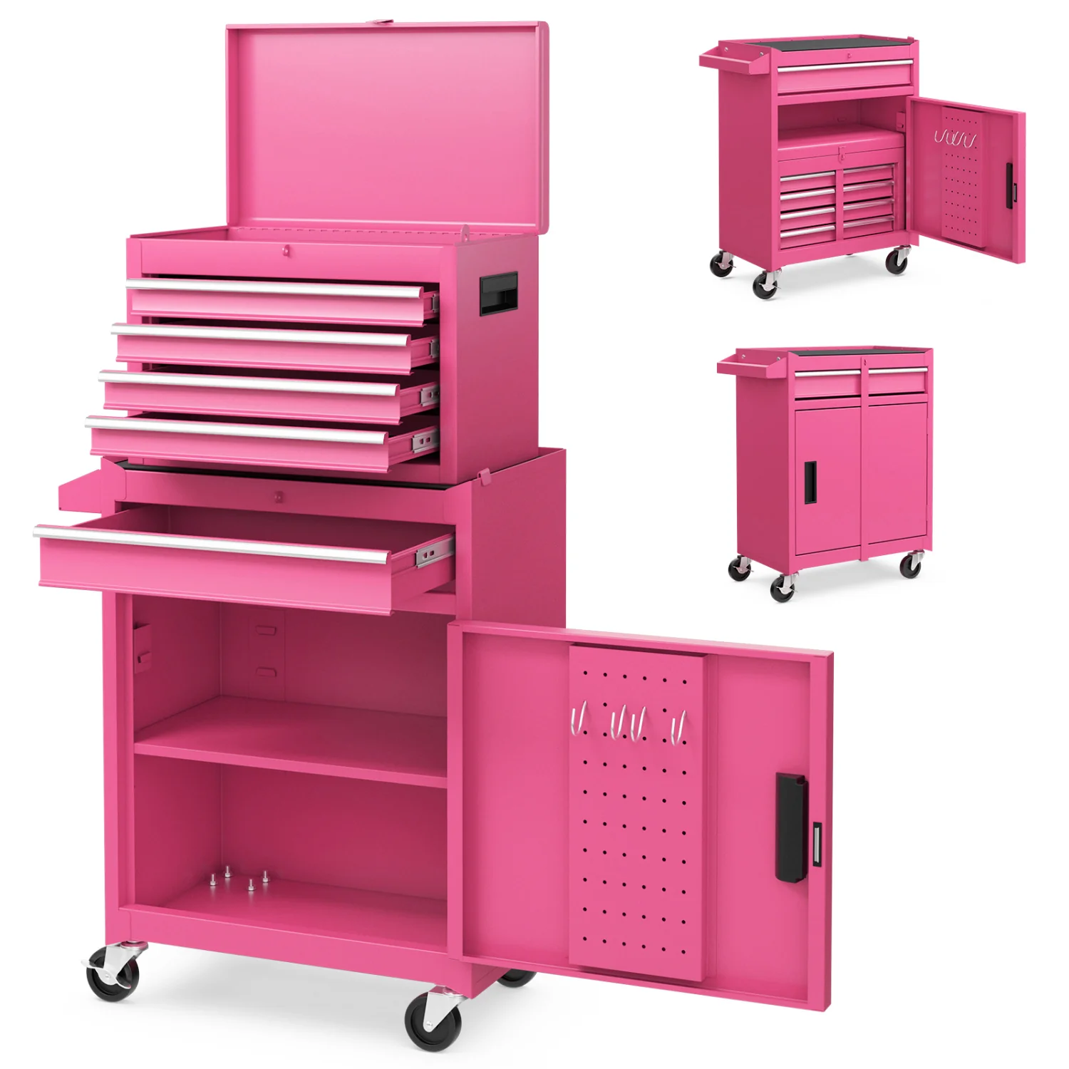 2-in-1 Rolling Tool Chest, 5 Sliding Lockable Drawers, Pink - Image 7