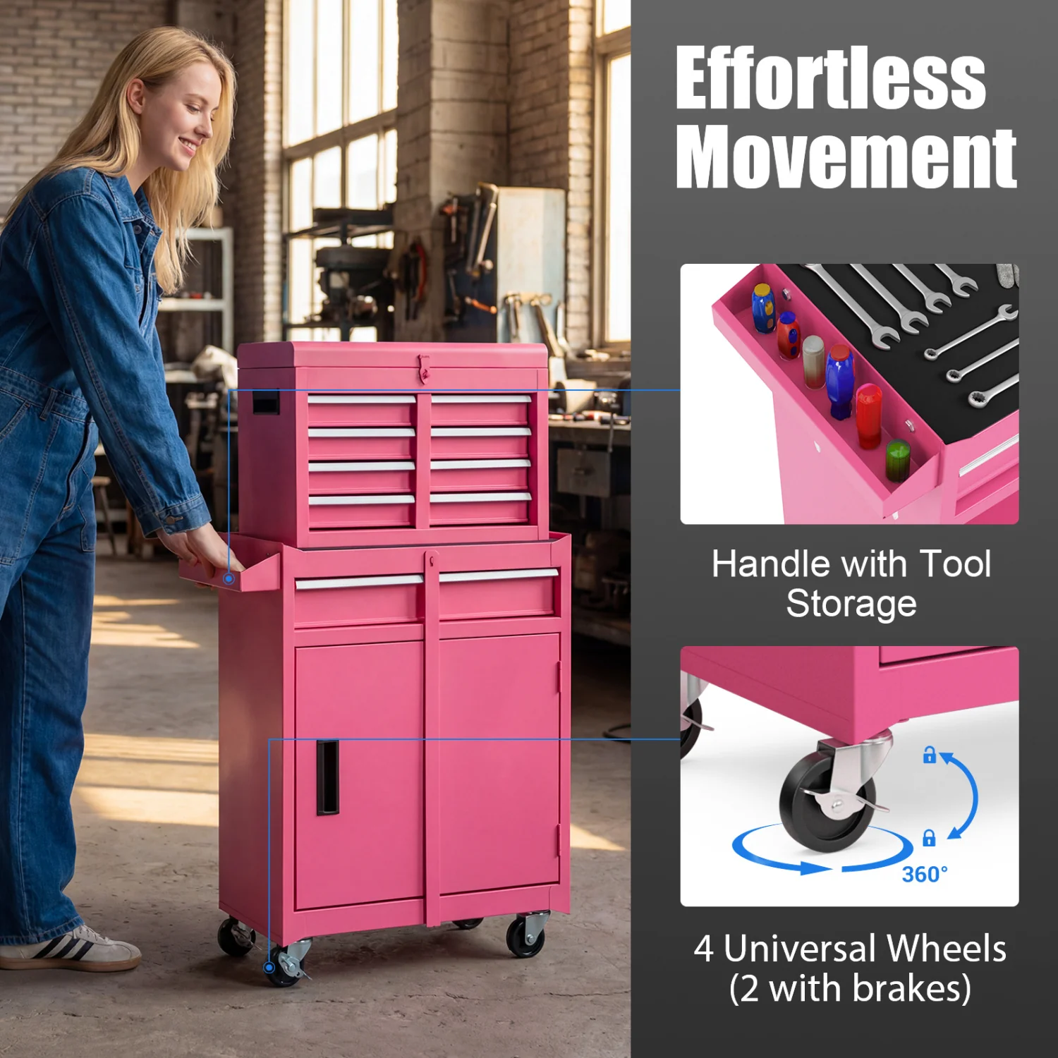 2-in-1 Rolling Tool Chest, 5 Sliding Lockable Drawers, Pink - Image 9