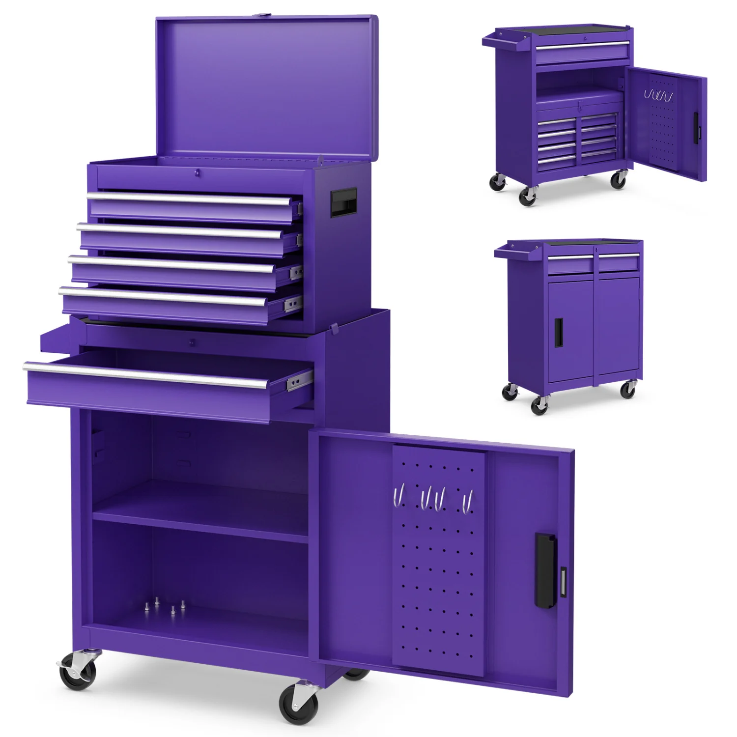 2-in-1 Rolling Tool Chest with 5 Sliding Lockable Drawers, Purple