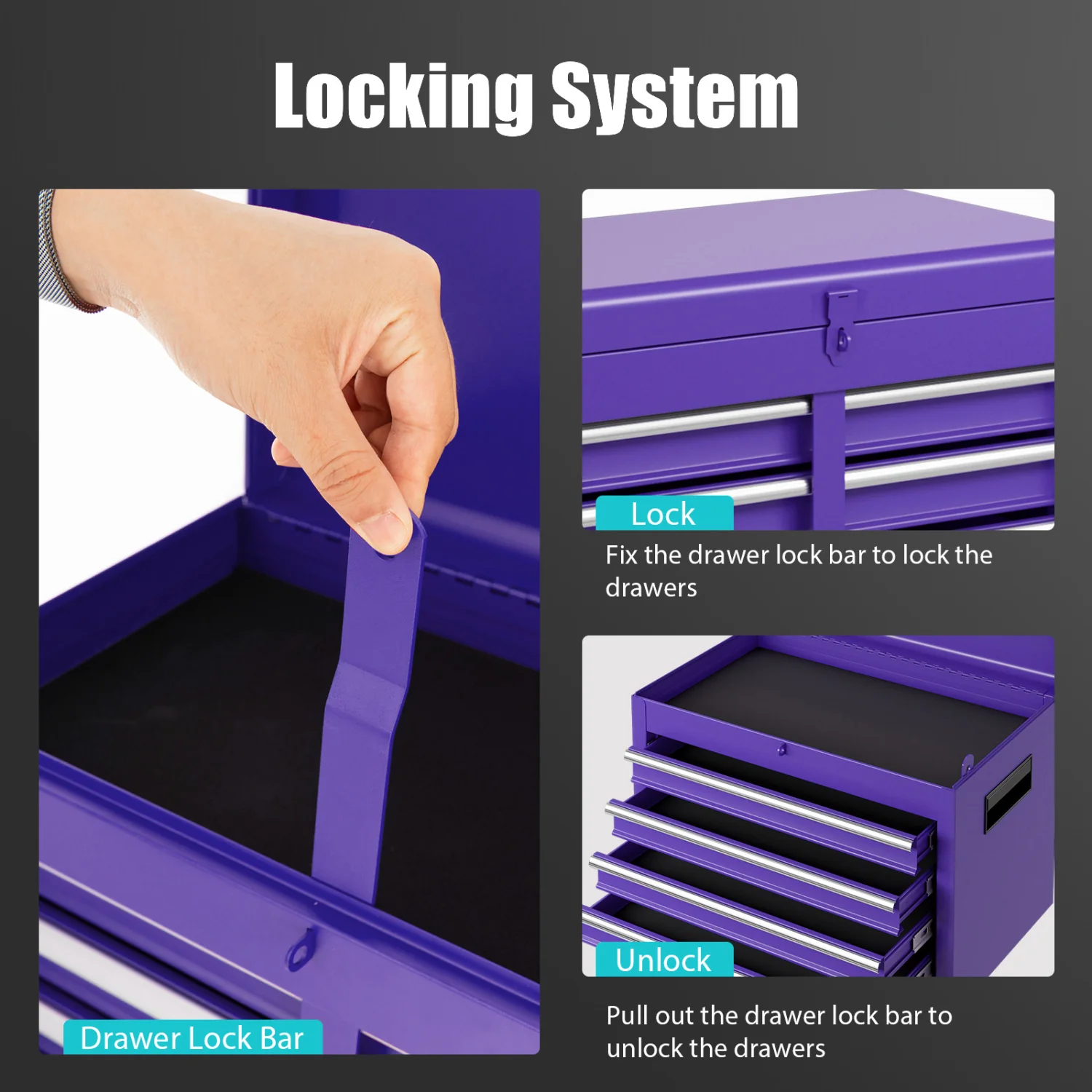 2-in-1 Rolling Tool Chest with 5 Sliding Lockable Drawers, Purple - Image 10