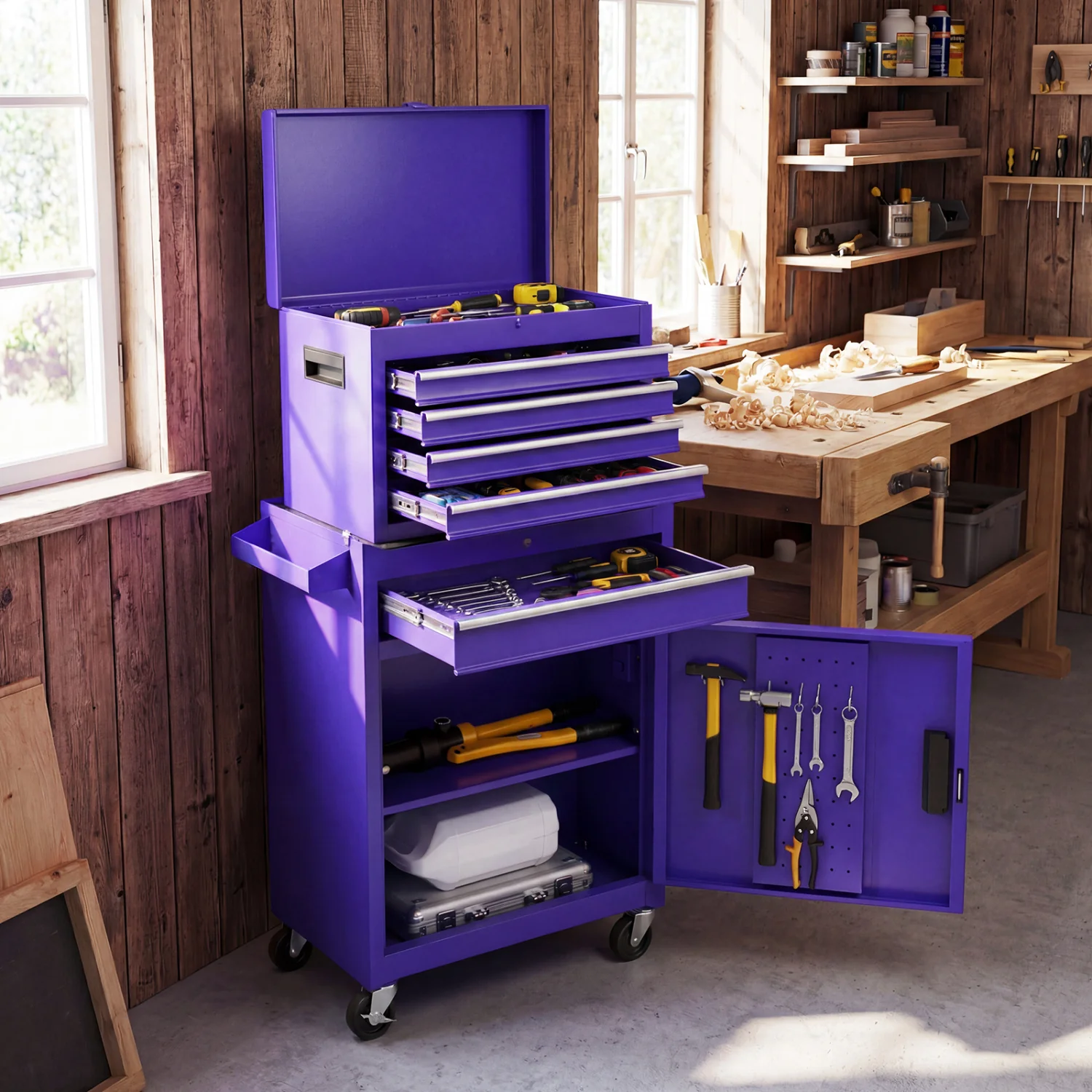 2-in-1 Rolling Tool Chest with 5 Sliding Lockable Drawers, Purple - Image 3