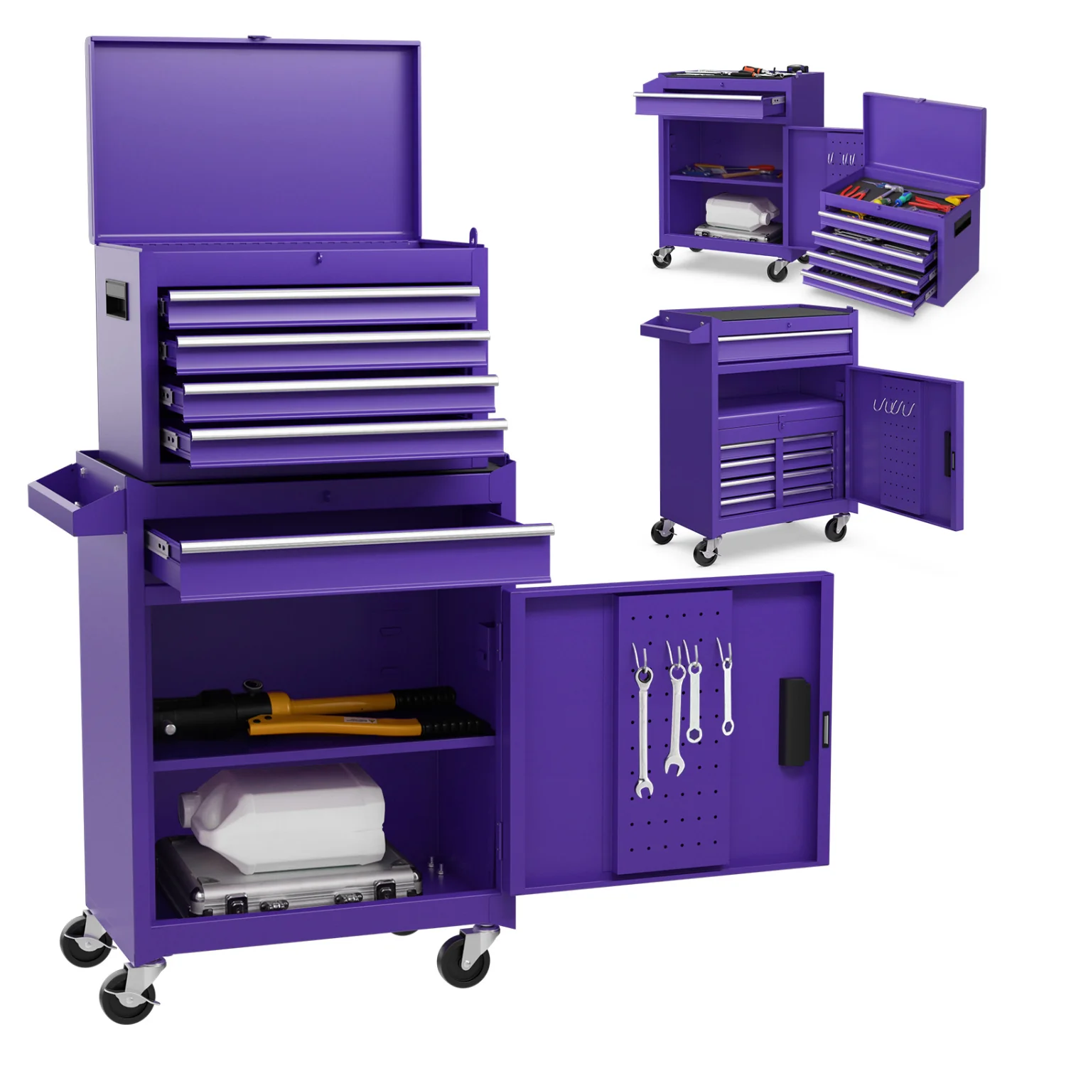 2-in-1 Rolling Tool Chest with 5 Sliding Lockable Drawers, Purple - Image 7