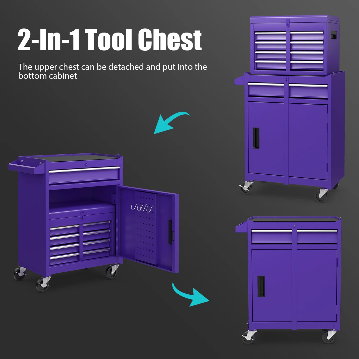 2-in-1 Rolling Tool Chest with 5 Sliding Lockable Drawers, Purple - Image 8