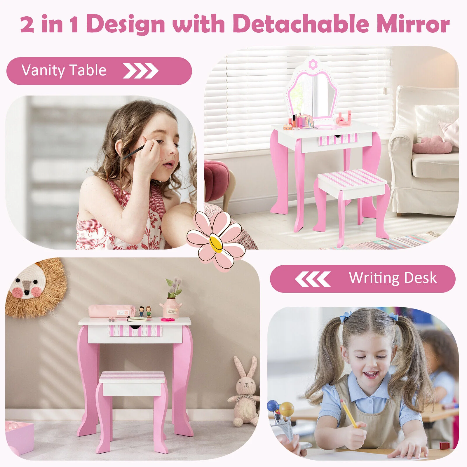 2-in-1 Toddler Vanity Set with Detachable Top and Cute Flower Patterns, White - Image 10