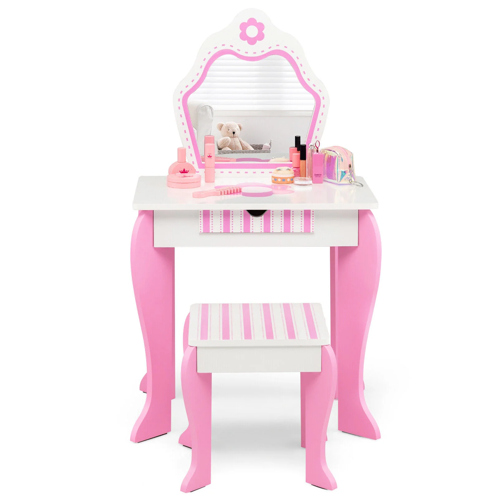 2-in-1 Toddler Vanity Set with Detachable Top and Cute Flower Patterns, White - Image 5