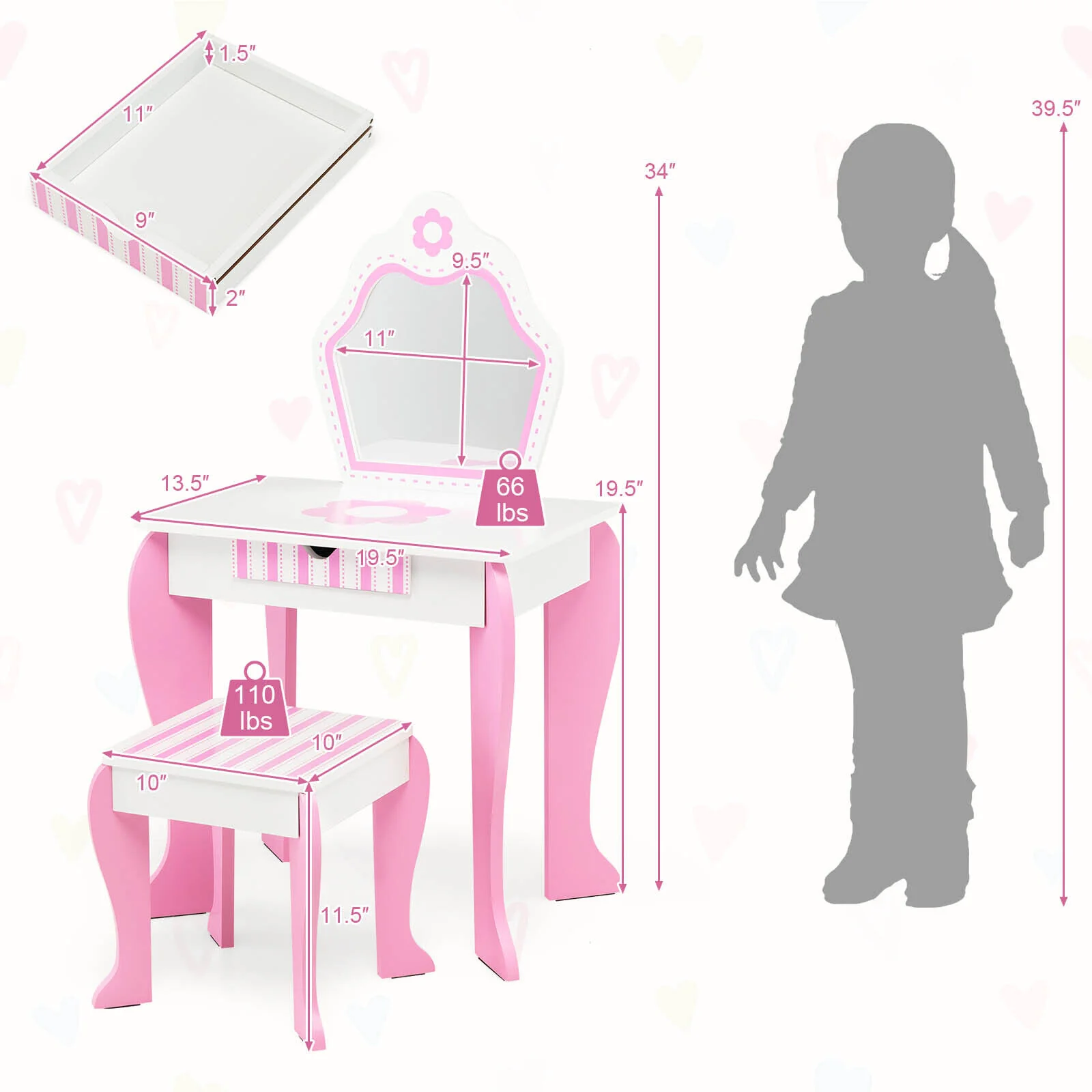 2-in-1 Toddler Vanity Set with Detachable Top and Cute Flower Patterns, White - Image 6