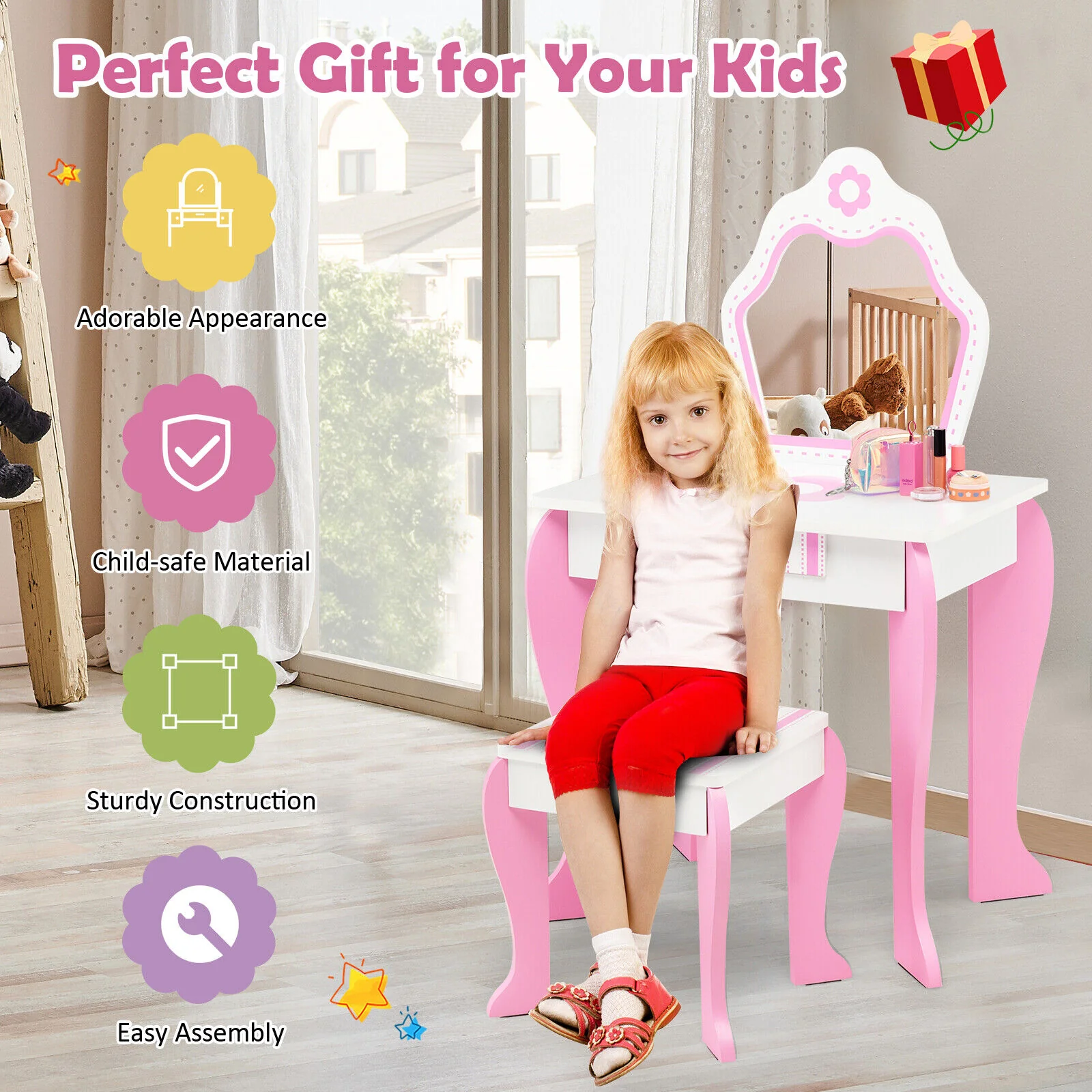 2-in-1 Toddler Vanity Set with Detachable Top and Cute Flower Patterns, White - Image 8